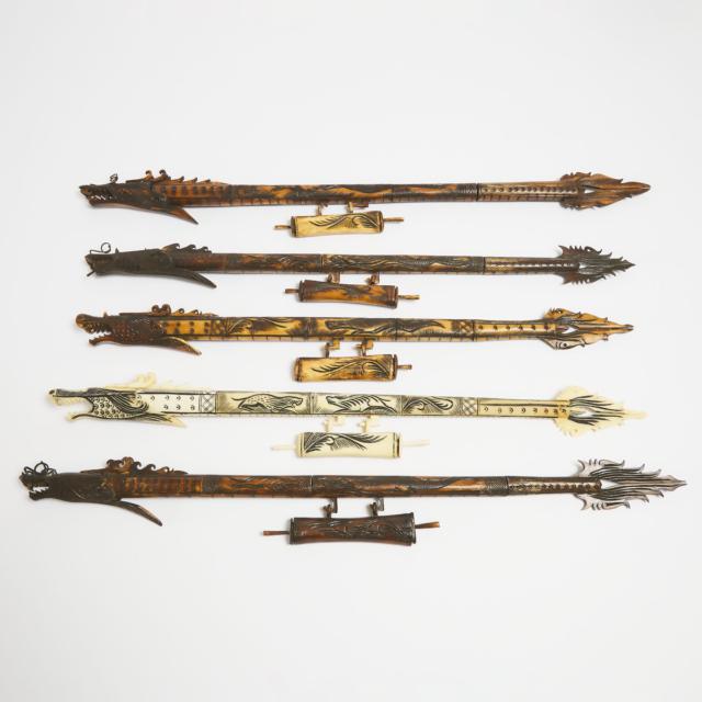 Group of Five Balinese Dragon Form Carved Bovine Bone Blowguns, late 20th century, Indonesia