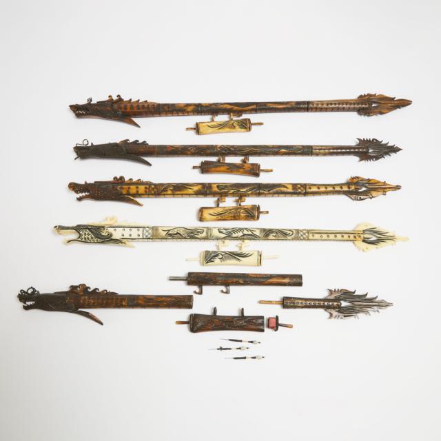 Group of Five Balinese Dragon Form Carved Bovine Bone Blowguns, late 20th century, Indonesia