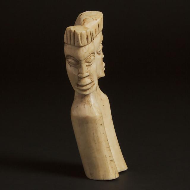 African Janus Head Carved Hippo Tooth, 20th century