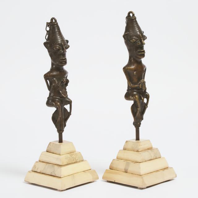 Pair of Yoruba Bronze Edan Ogboni Staves, Nigeria, West Africa, early 20th century