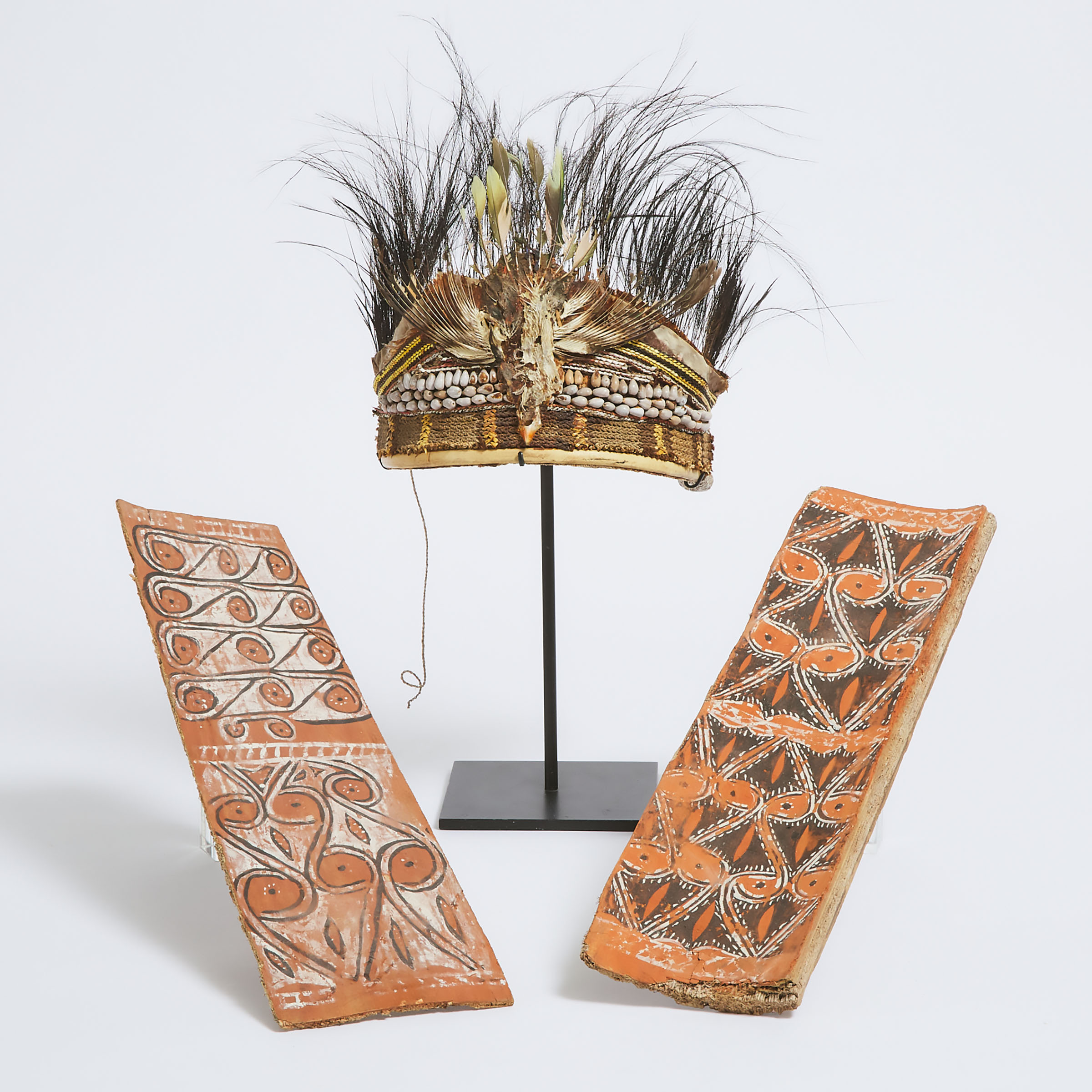 Papua New Guinea Headdress together with Two Painted Bark House Tiles, 20th century
