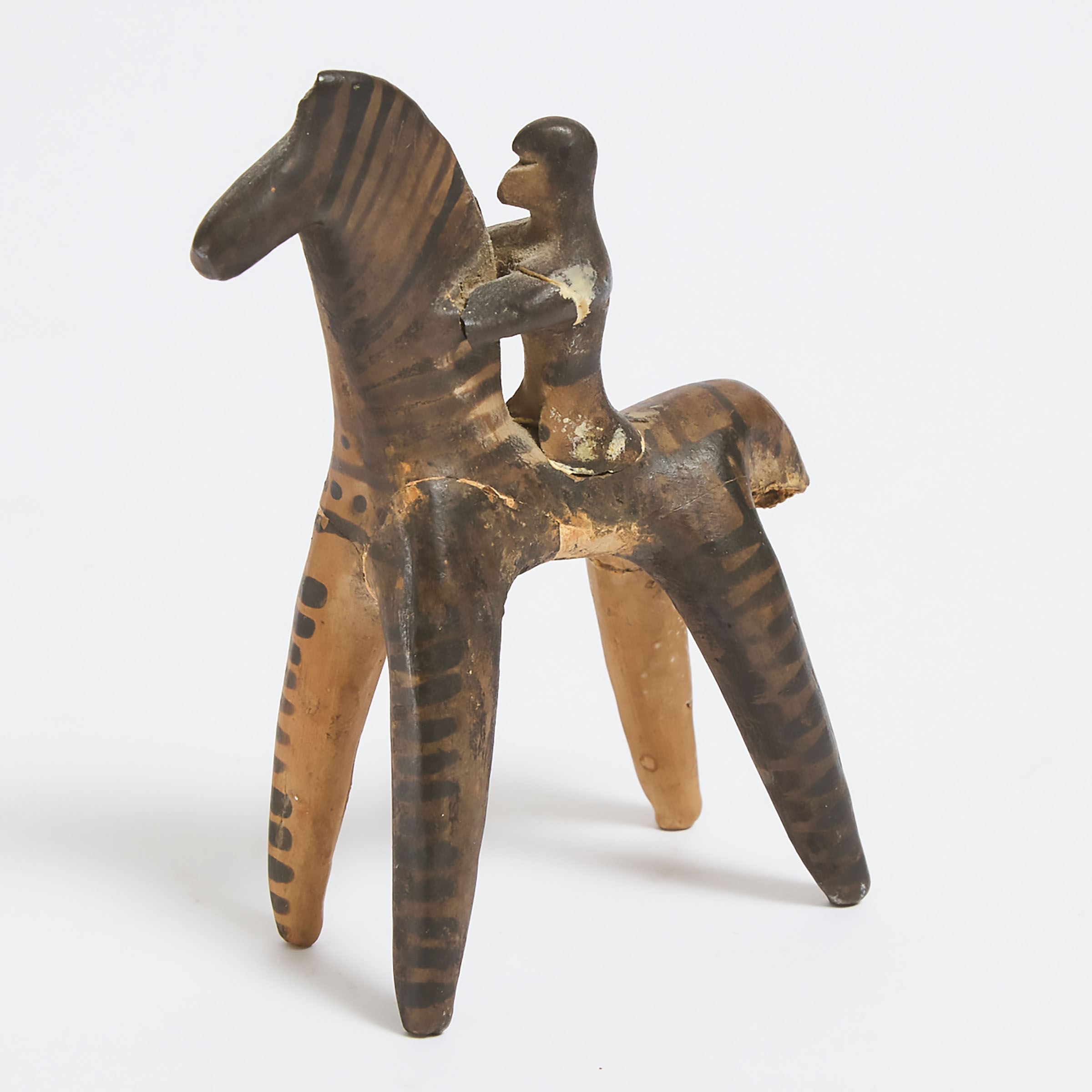 Boeotian Bichrome Terra Cotta Horse and Rider, Greece, Archaic Period, 6th century B.C.