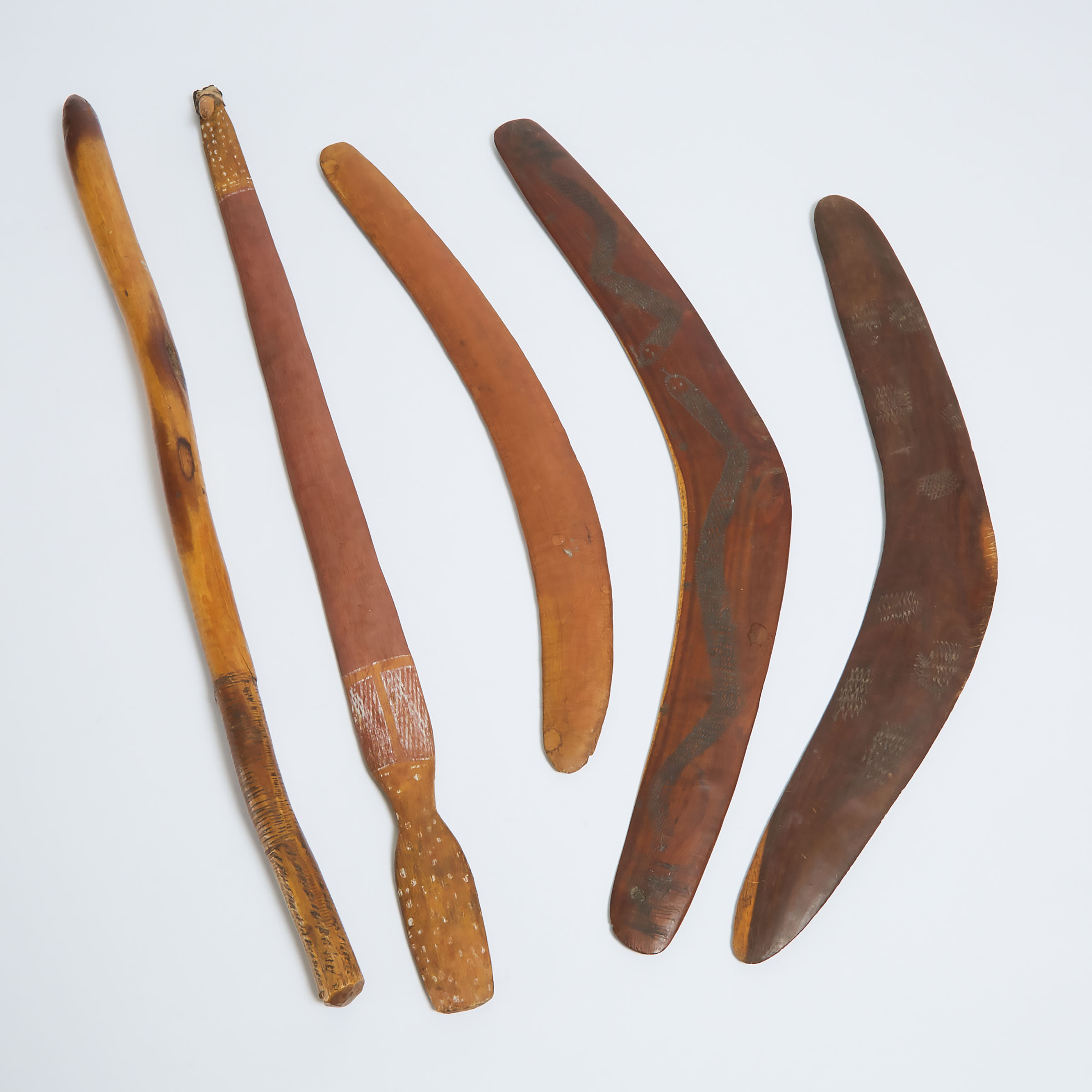 Group of Five Australian Carved Wood Artifacts, 20th century