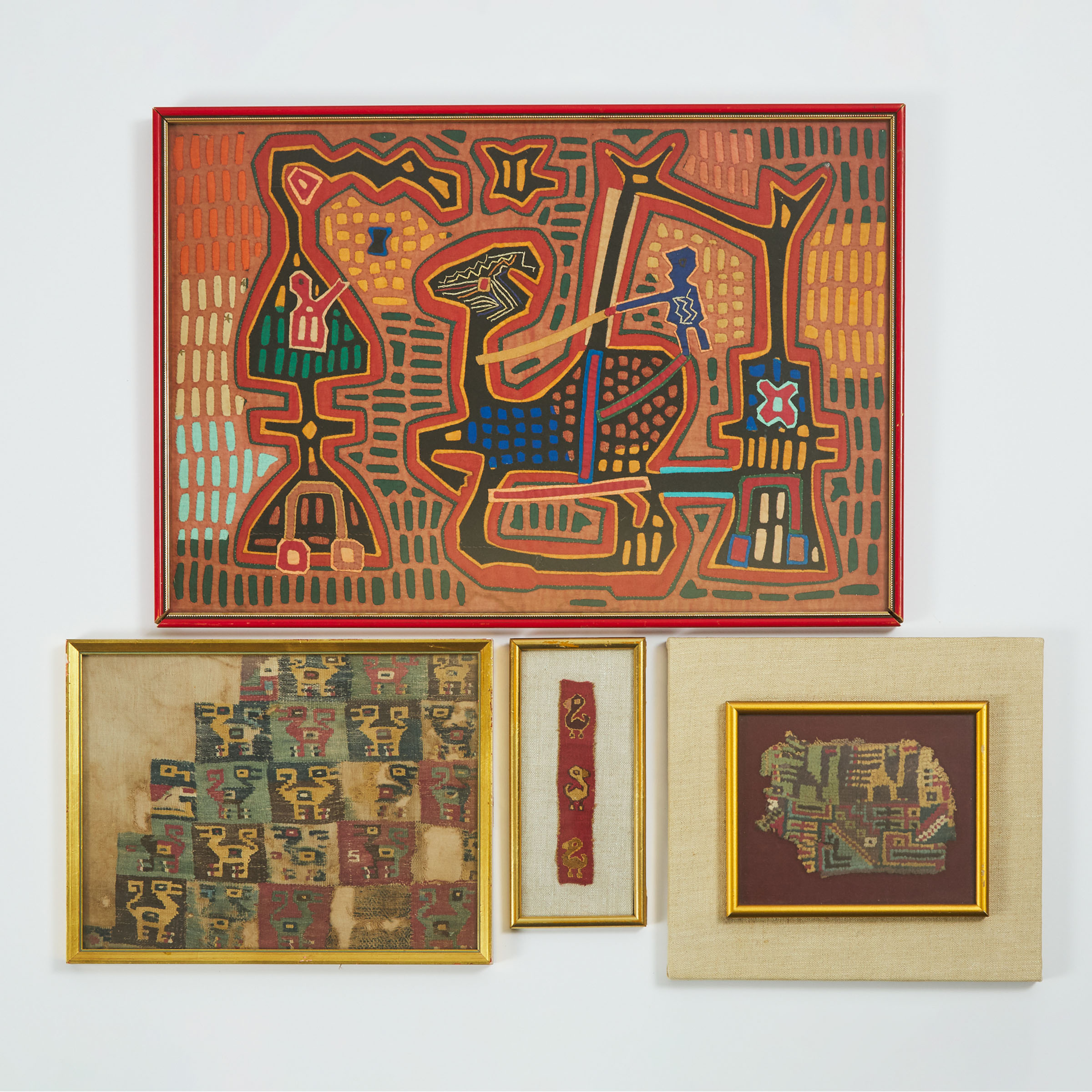 Group of Three Pre-Columbian Framed Textiles c.1450 or earlier  together with a Framed Panamanian Mola Textile, late 19th to early 20th century