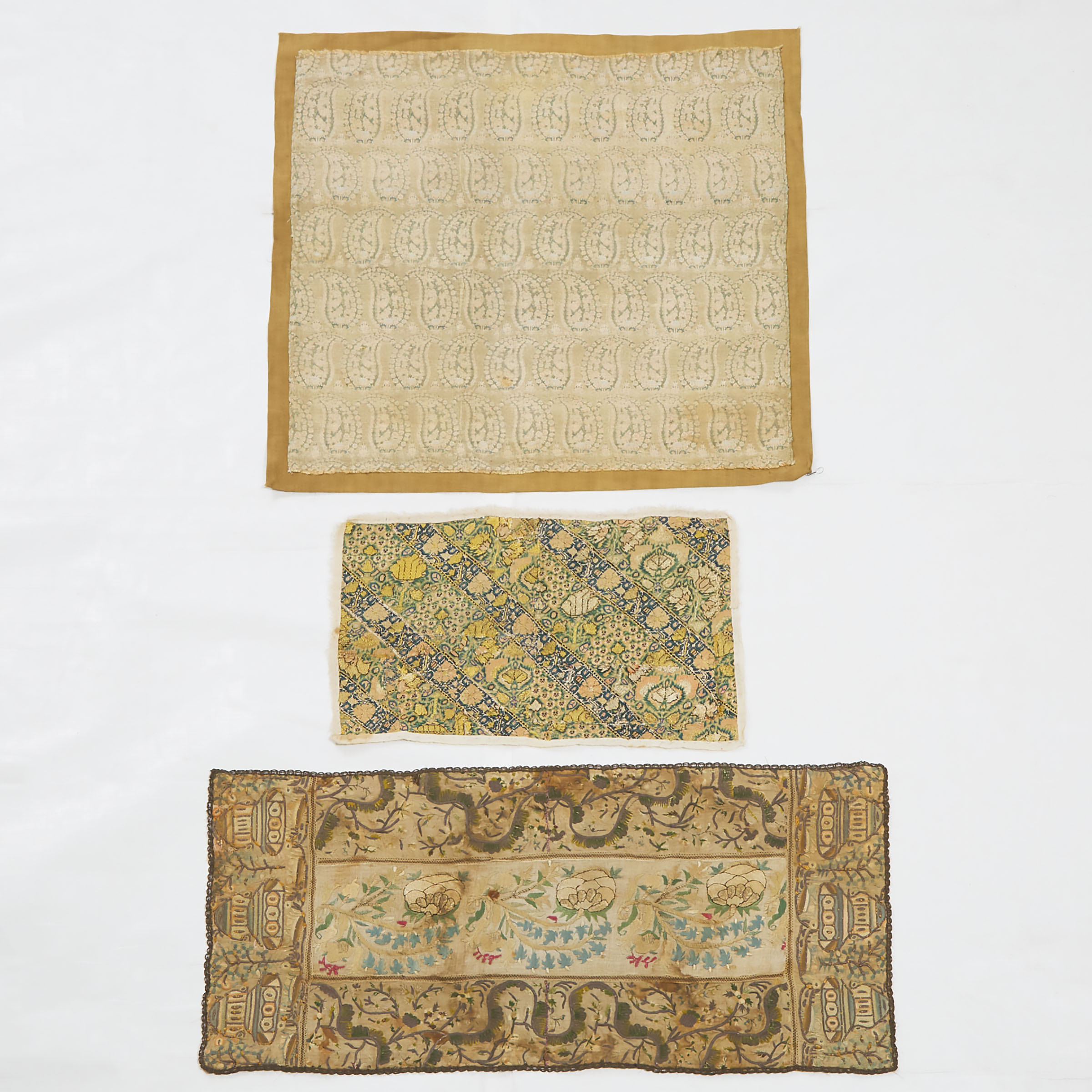 Turkish Ottoman Fragment, c.1800 together with Two Persian Needlepoint Fragments, c.1750/1800