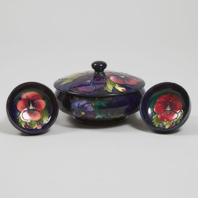 Moorcroft Pansy Covered Jar and Two Small Bowls, c.1950