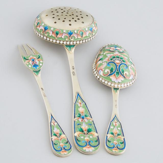 Russian Silver-Gilt and Shaded Cloisonné Enamel Spoon, Fork and Sifting Ladle, Moscow, 1899-1908