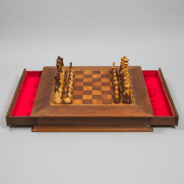Canadian Woodworking Studio Mahogany and Walnut Chess Set and Board, c.2000