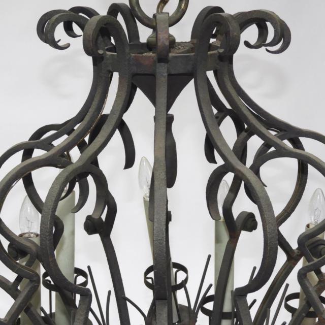 Pair of Large Patinated Wrought Iron 18 Light Chandeliers, mid 20th century
