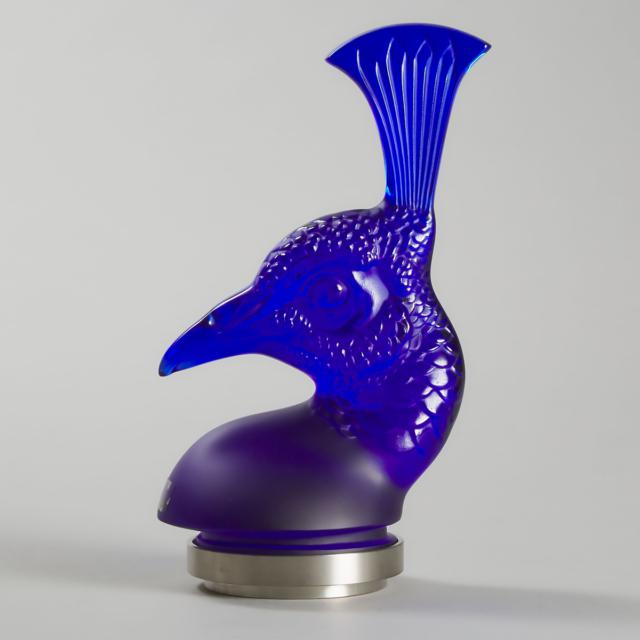 'Tête de Paon', Lalique Blue Glass Car Mascot, 2006
