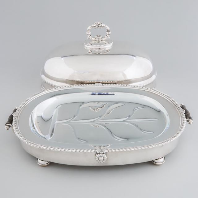 Victorian Silver Plated Oval Well and Tree Venison Dish with a Domed Cover, 19th century