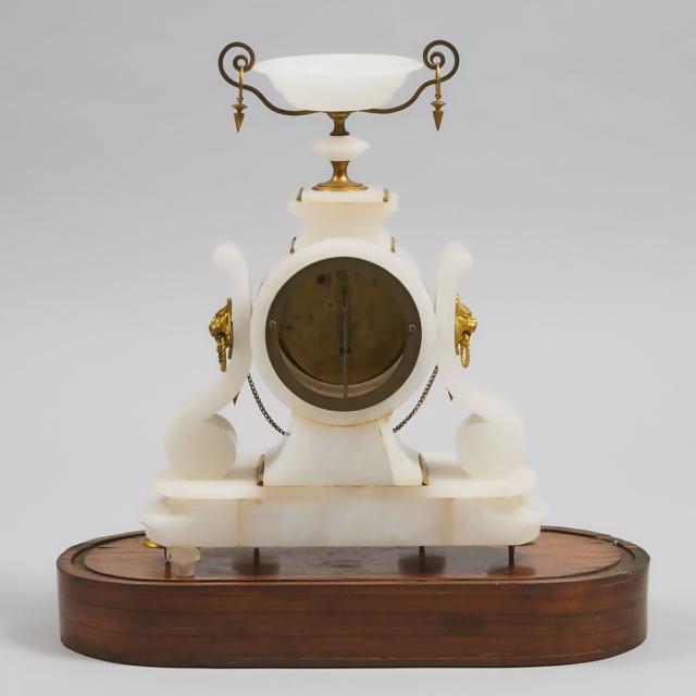 French Enamelled and Gilt Bronze Mounted Alabaster Mantel Clock, c.1870