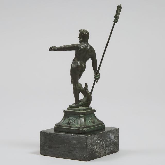 Small Italian Patinated Bronze Model of the Figure from the Fountain of Neptune in the Piazza del Nettuno, Bologna, mid 20th century