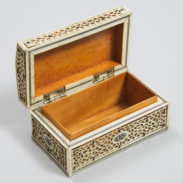 Vizagapatam Silver Studded Ivory Fretwork Overlaid Tortoiseshell Veneered Box, early 20th century