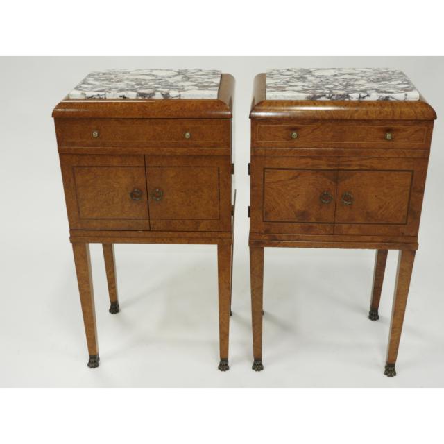 Matched Pair of French Art Deco Amboyna Burl Bedside Cabinets, c.1925 and Later