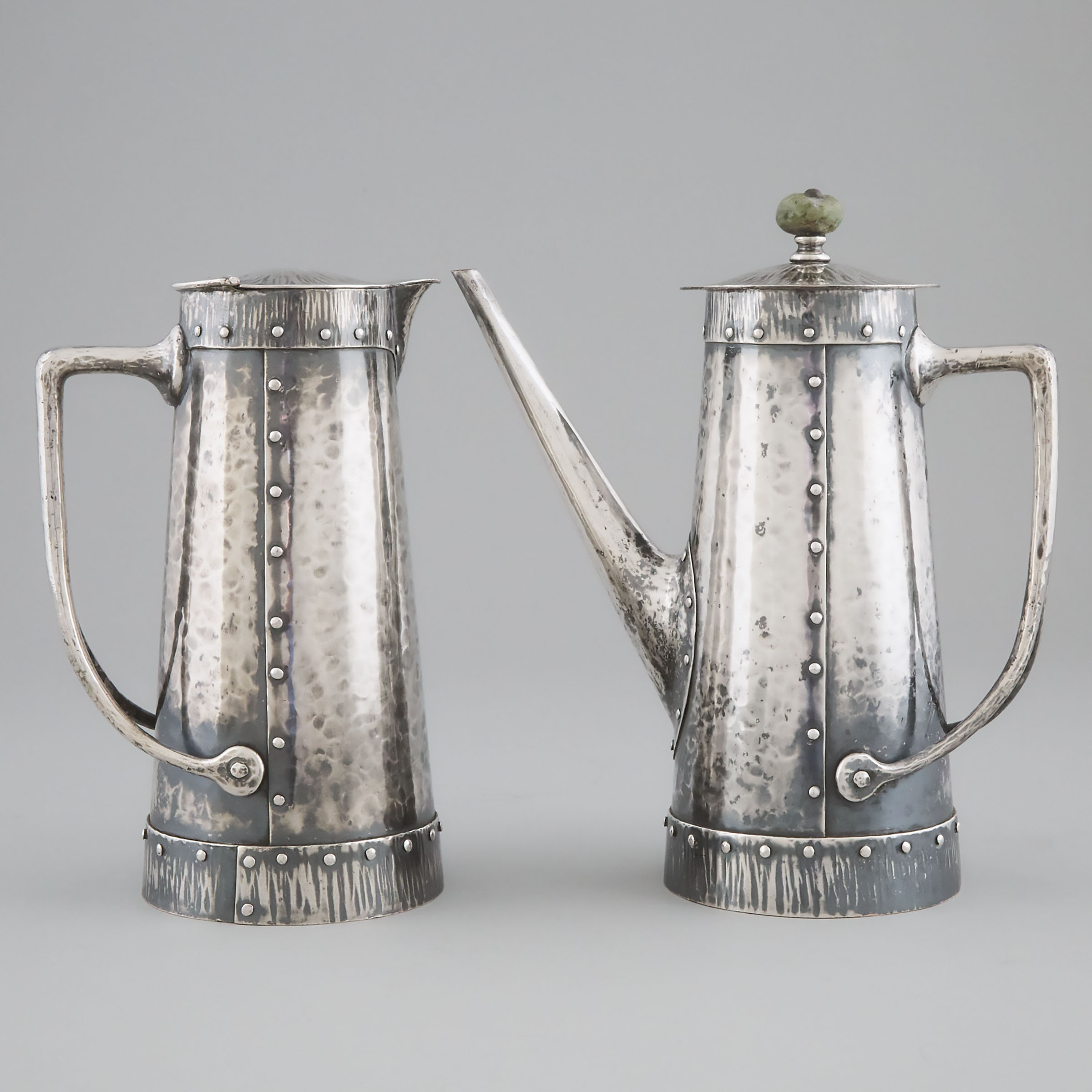 Arts and Crafts Silvered Copper Coffee Pot and Hot Water Pitcher, c.1910