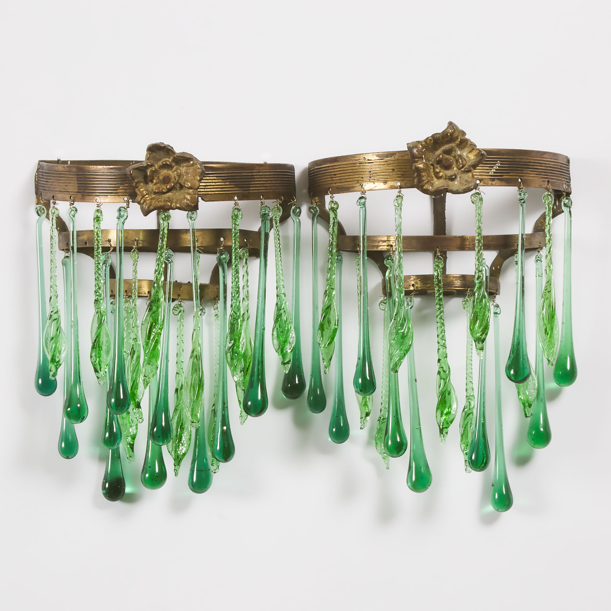 Pair of French Art Deco Gilt Bronze and Green Glass Drop Wall Sconces, c.1925