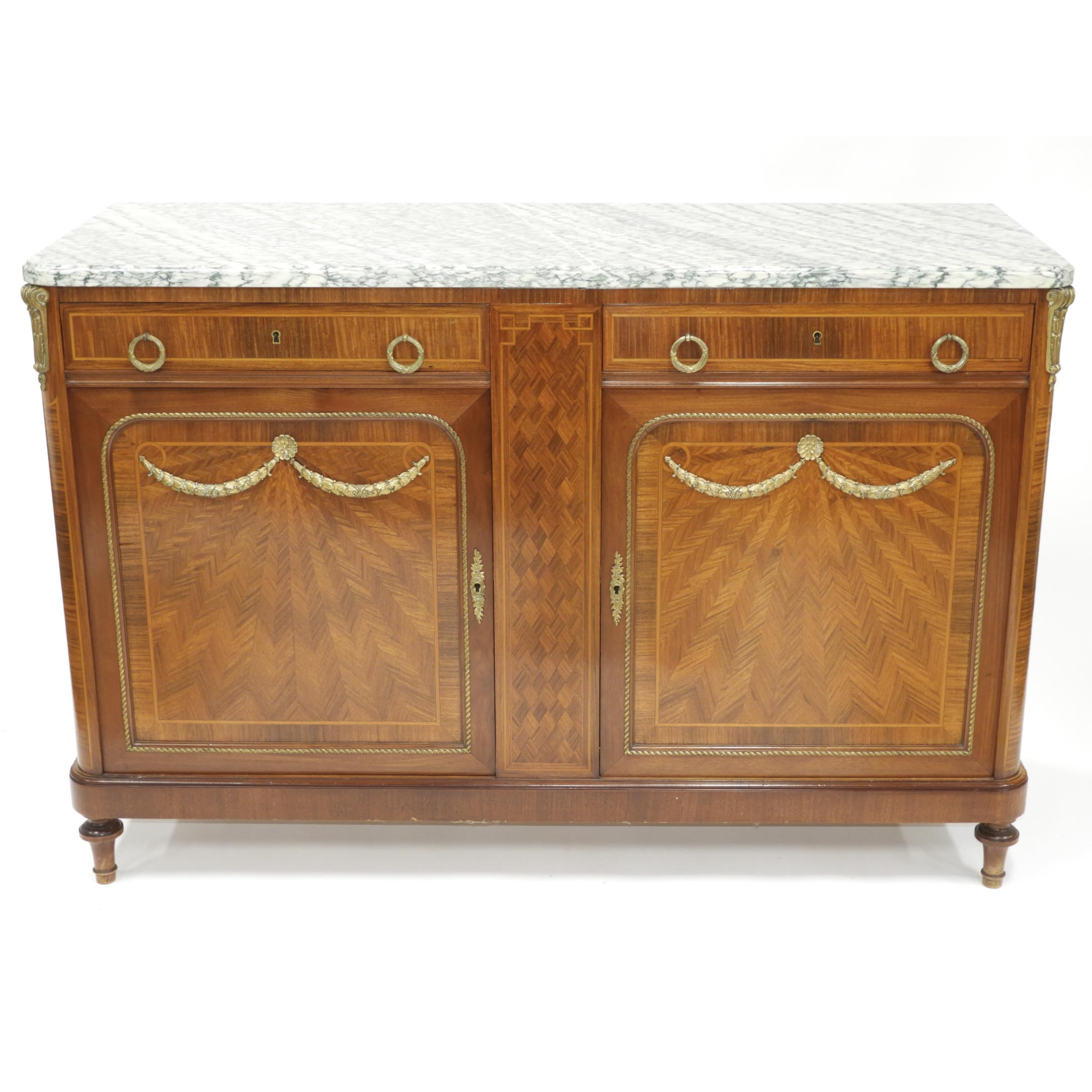 French Belle Epoque Ormolu Mounted Satinwood Parquetry Sideboard, early 20th century