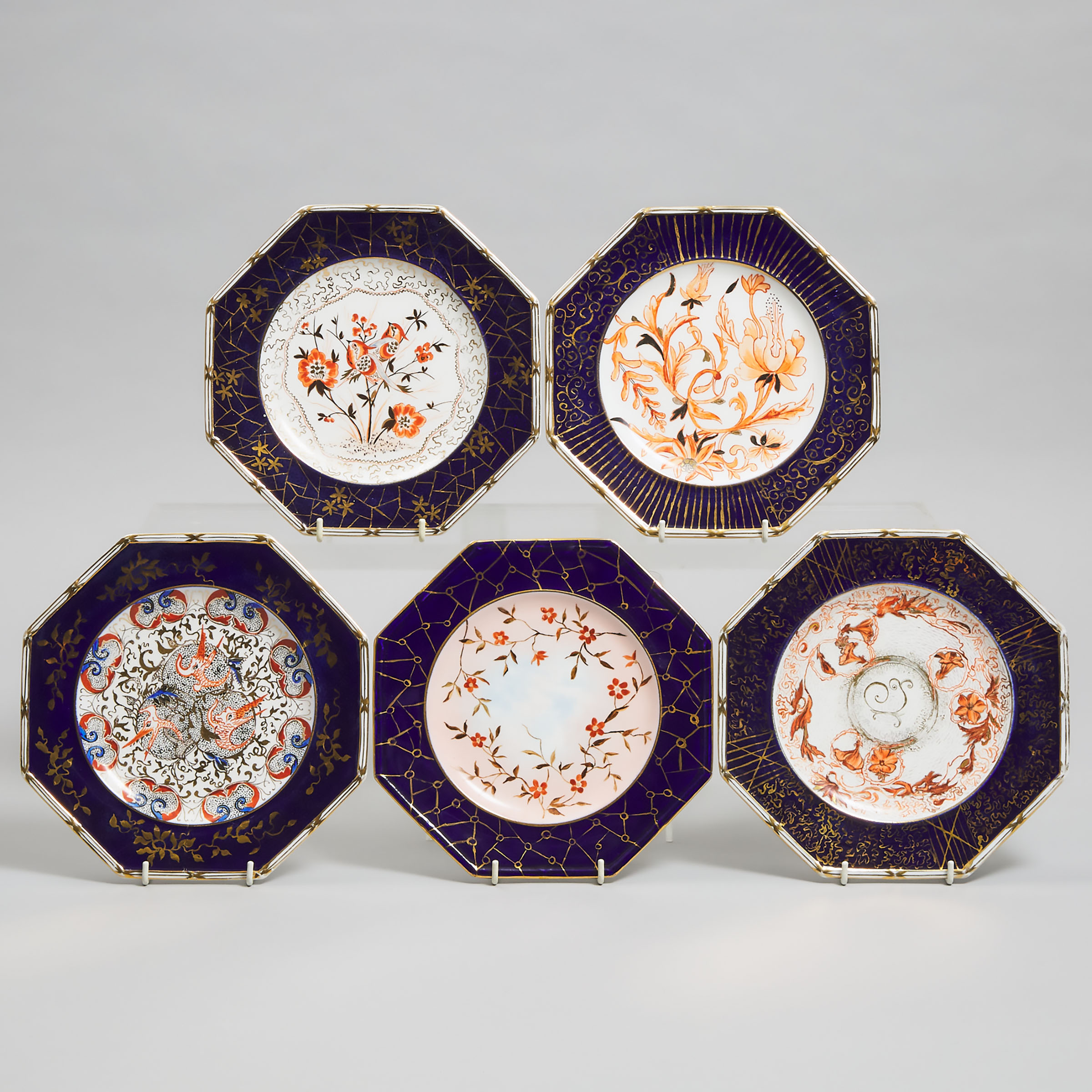 Five Wedgwood Blue, Iron Red and Gilt Decorated Octagonal Plates, 1880s