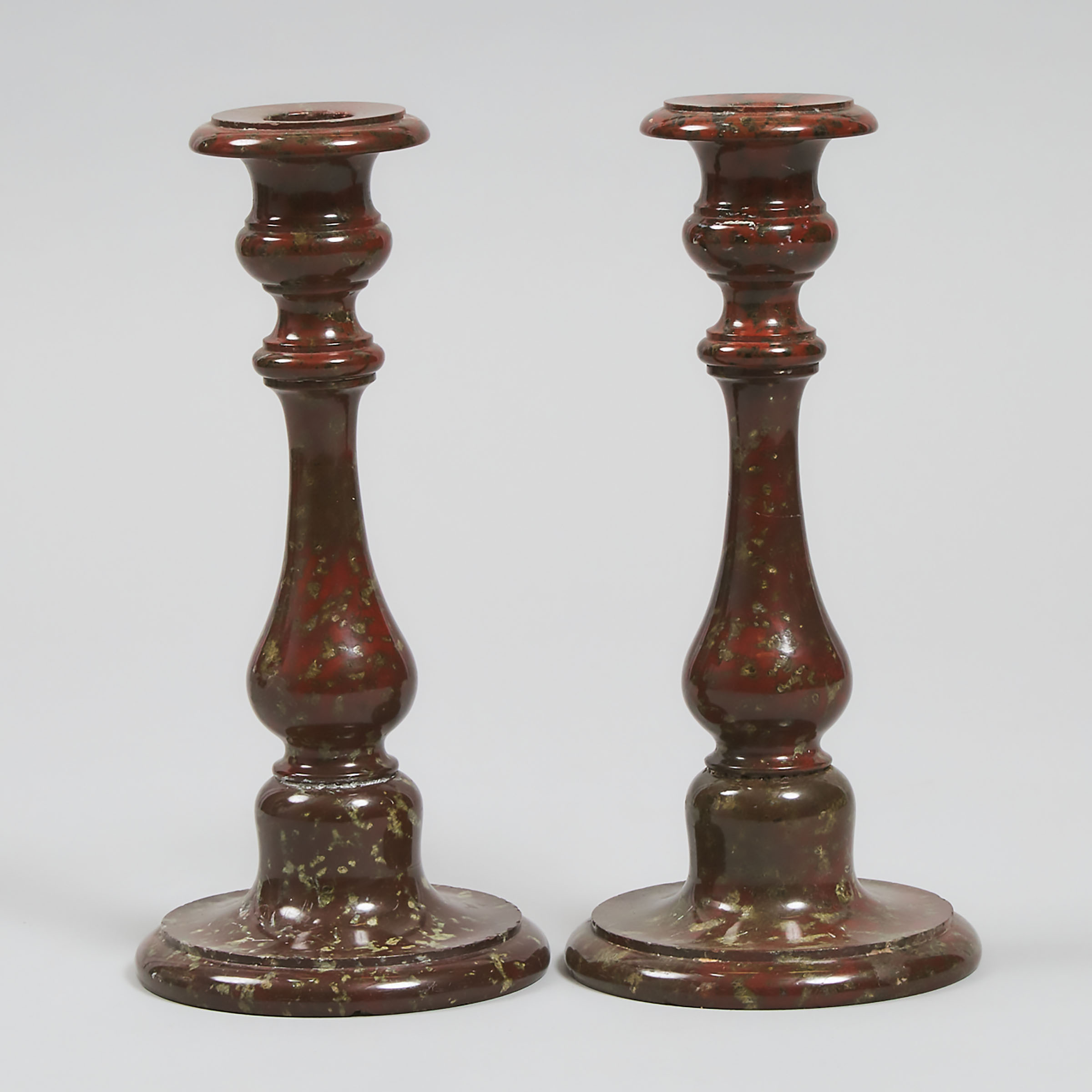 Pair of Turned 'Cornish Serpentine' Candlesticks, 19th century