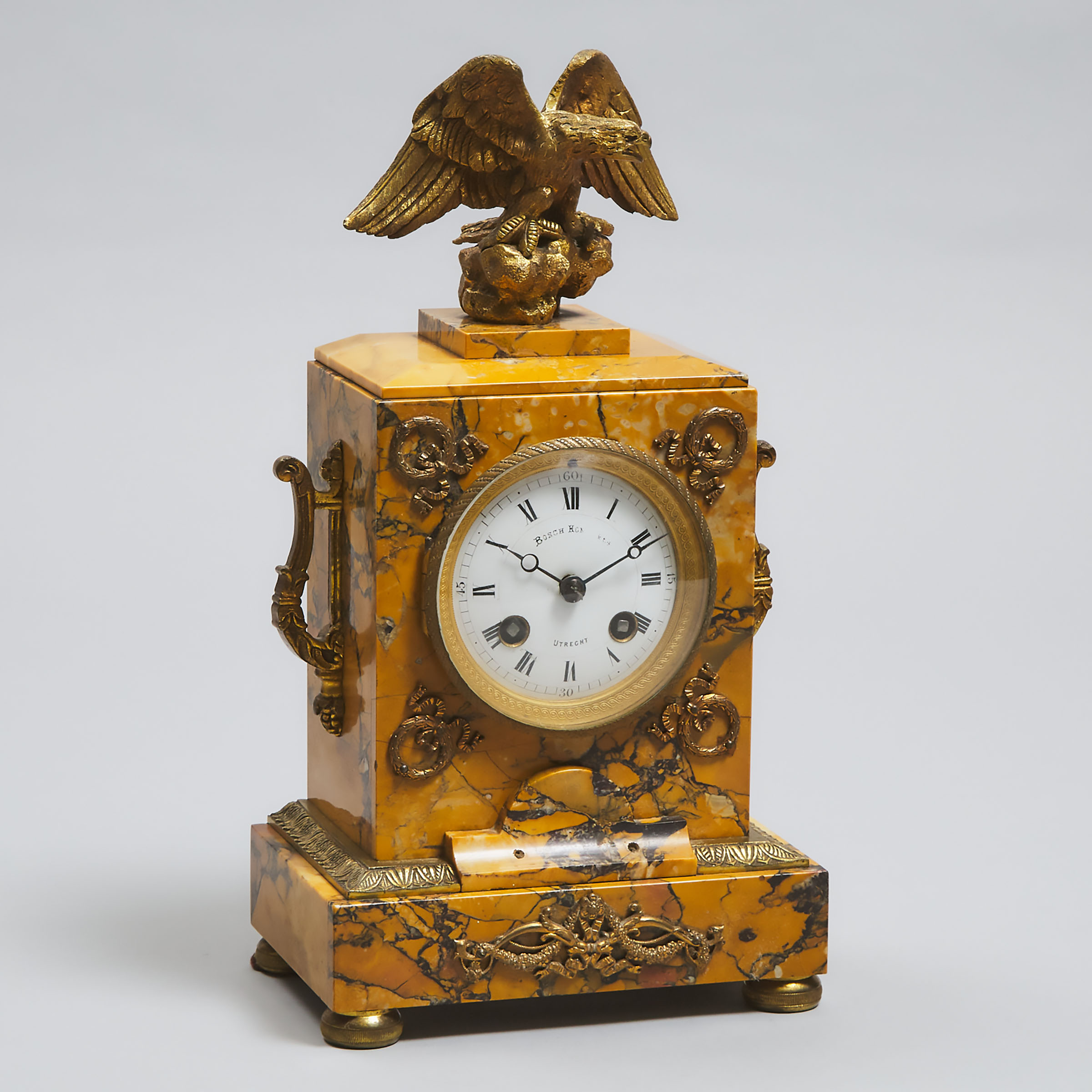 Small French Neoclassical Ormolu Mounted Sienna Marble Mantle Clock, mid 19th century