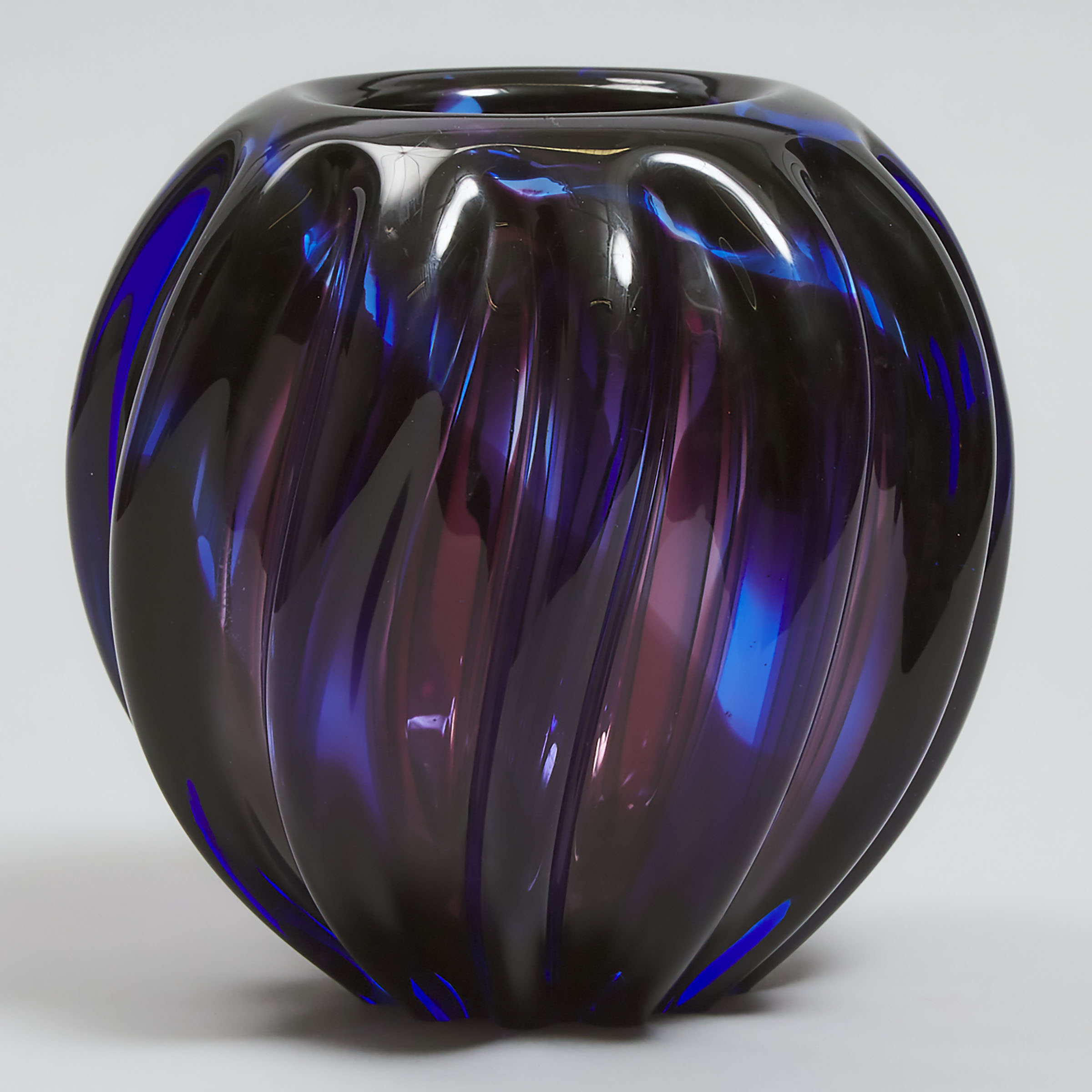 Amethyst and Blue Glass Ribbed Vase, possibly Murano, mid-20th century