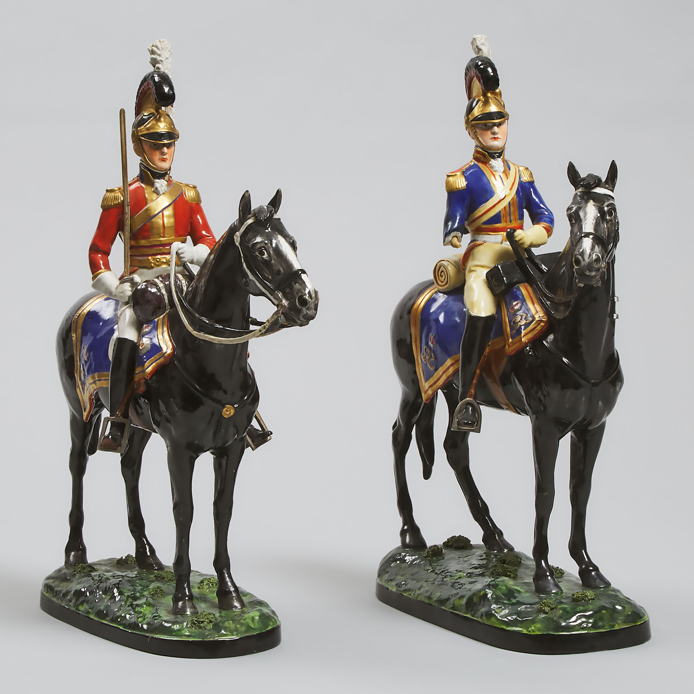 Pair of Copeland Horsemen Figures 'Royal Horse Guards: The Blues' and '2nd Life Guards: Officer', early 20th century