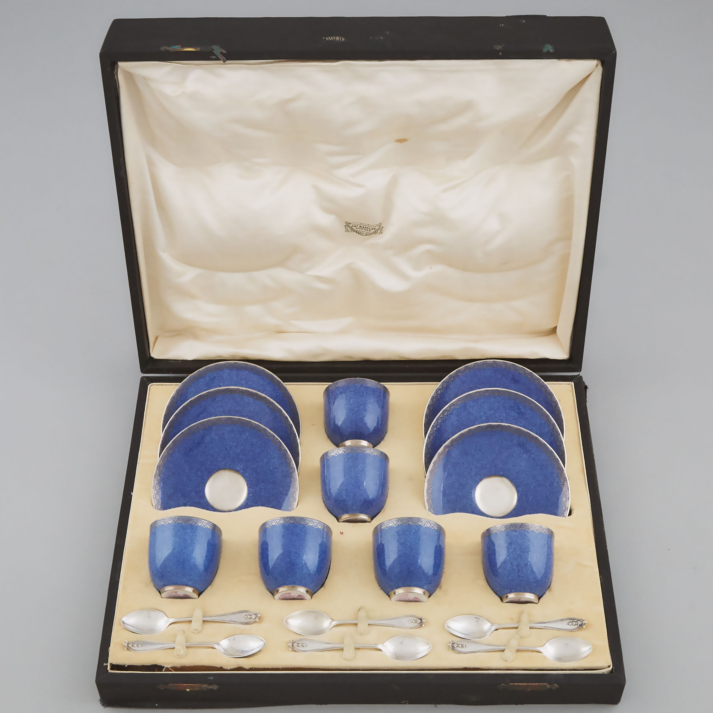 Set of Six Royal Worcester Powder Blue Ground Coffee Cups and Saucers, 1931