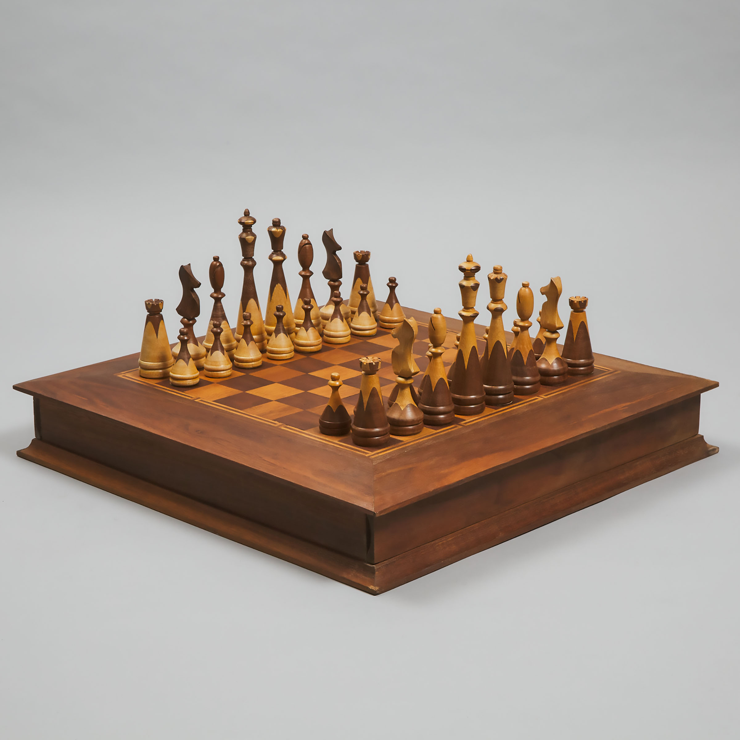Canadian Woodworking Studio Mahogany and Walnut Chess Set and Board, c.2000