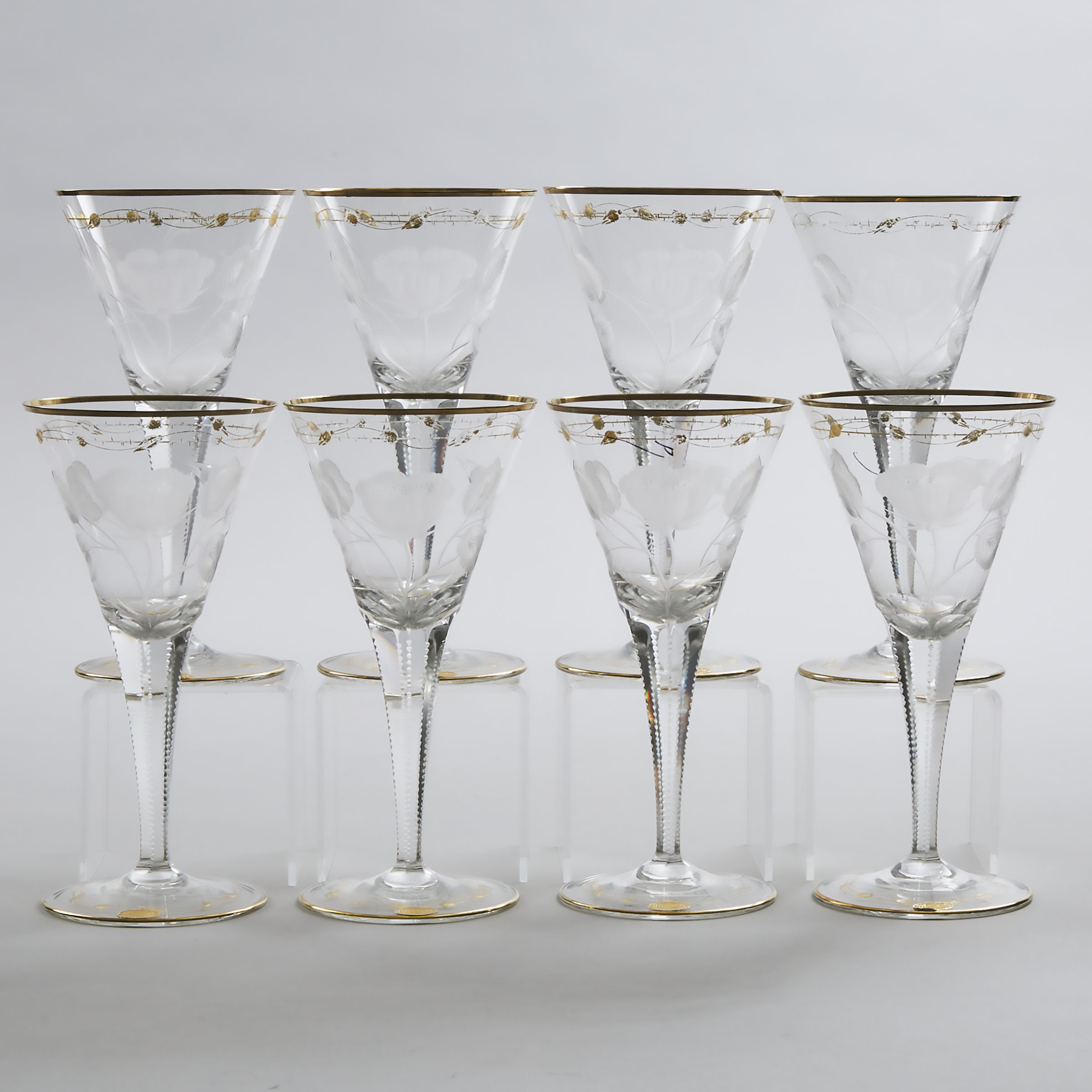 Eight Moser 'Paula' Etched and Gilt Glass Goblets, 20th century