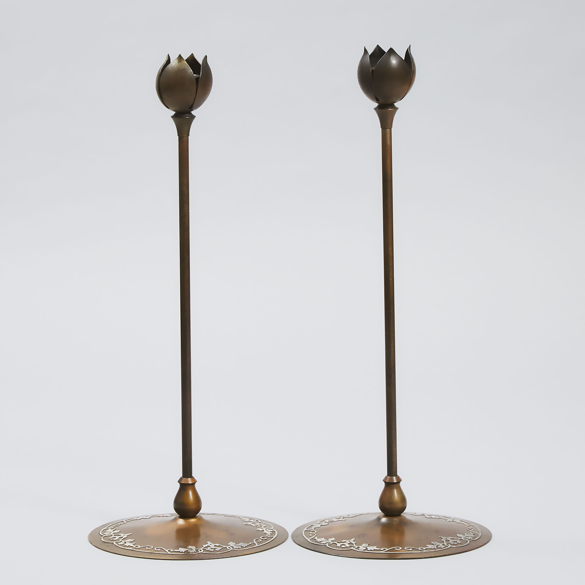 Pair of Heintz Art Metal Shop 'Sterling on Bronze' Candlesticks, c.1910 
