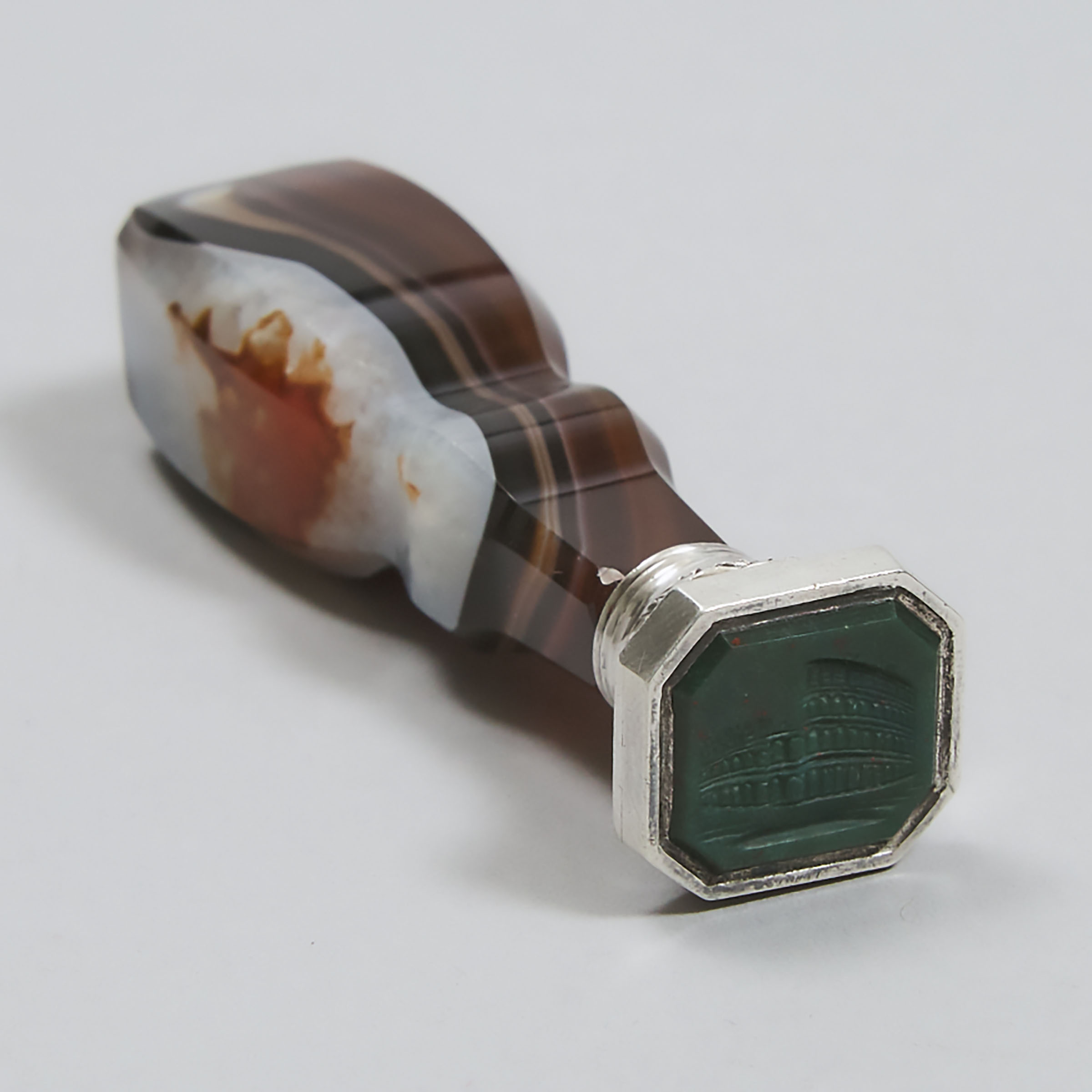 Italian Silver Mounted Agate and Bloodstone Colosseum Desk Seal, Rome, 19th early 20th century