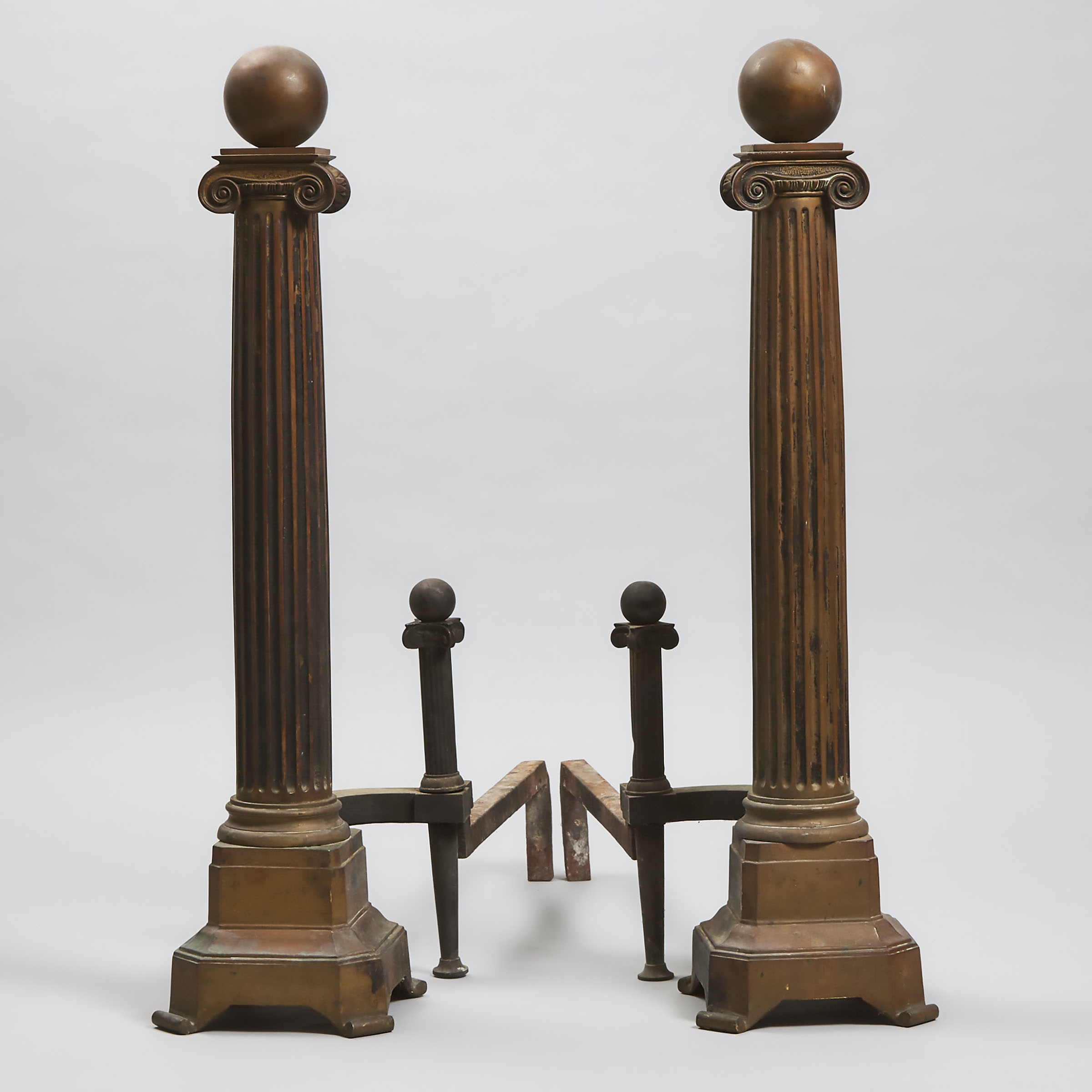 Large Pair of Patinated Bronze Doric Column Form Andirons, 19th century