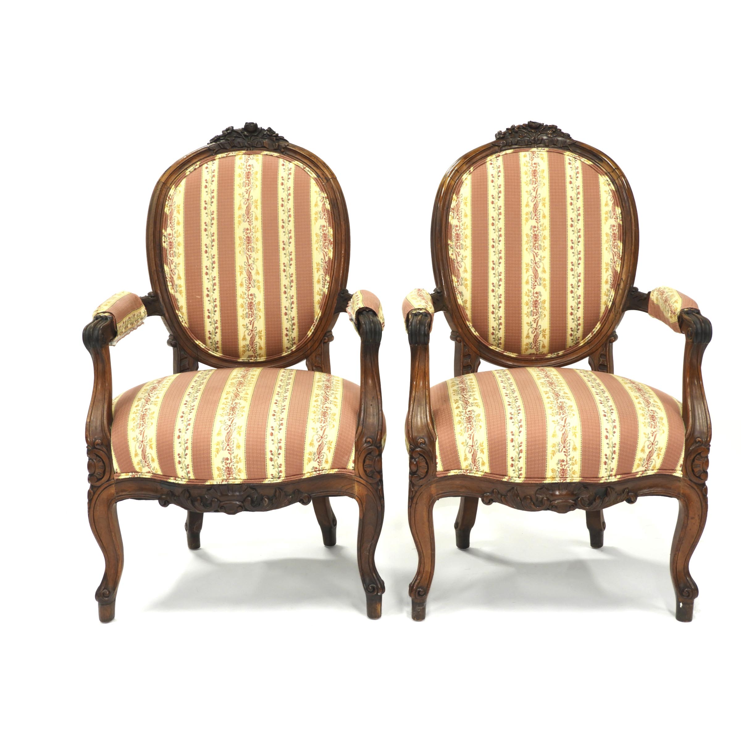 Pair of Louis XV Carved Rosewood Fauteuils, 19th century