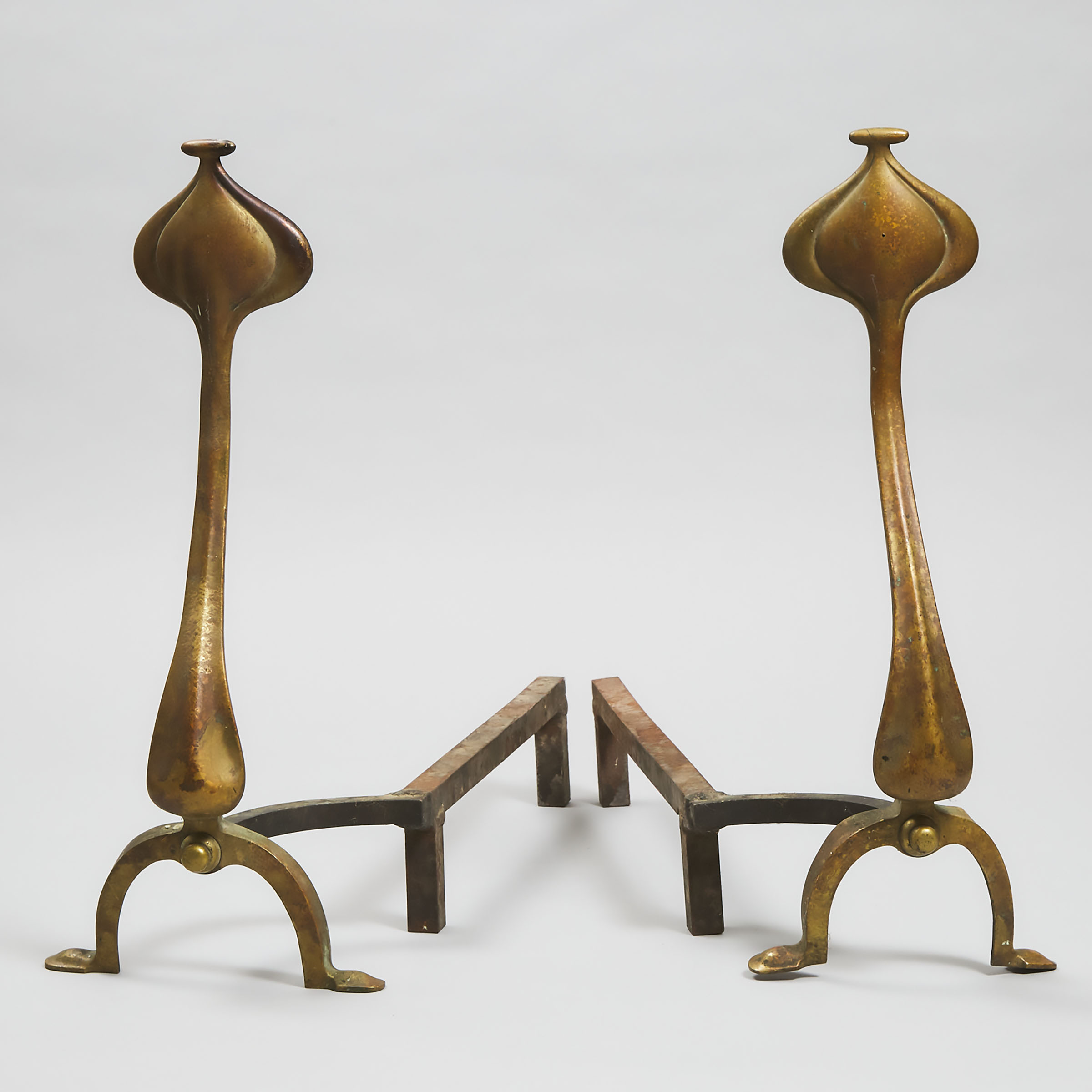 Pair of French Art Nouveau Brass Andirons, late 19th century