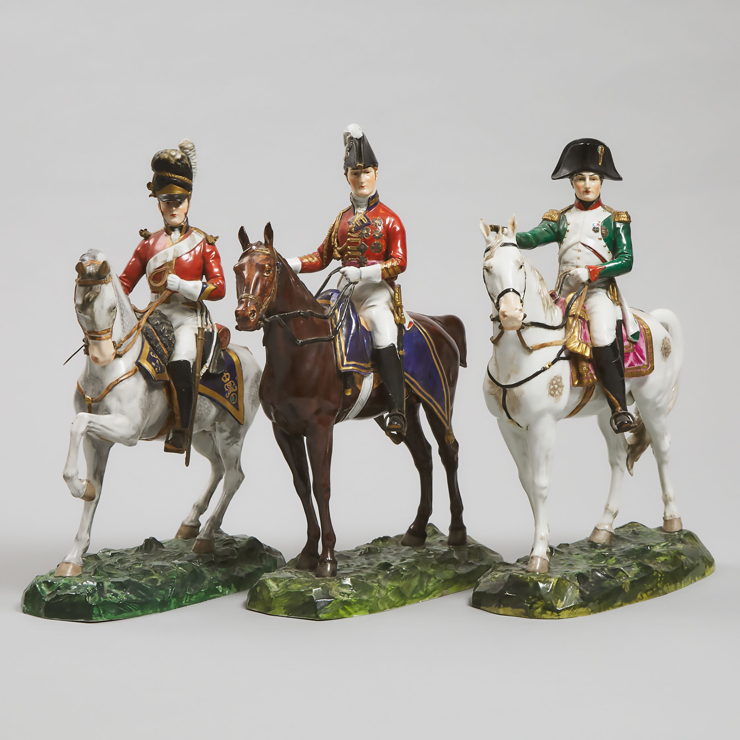 Three Dresden Figures of Horsemen 'Napoleon', 'Duke of Wellington', and 'The Scots Greys', 20th century