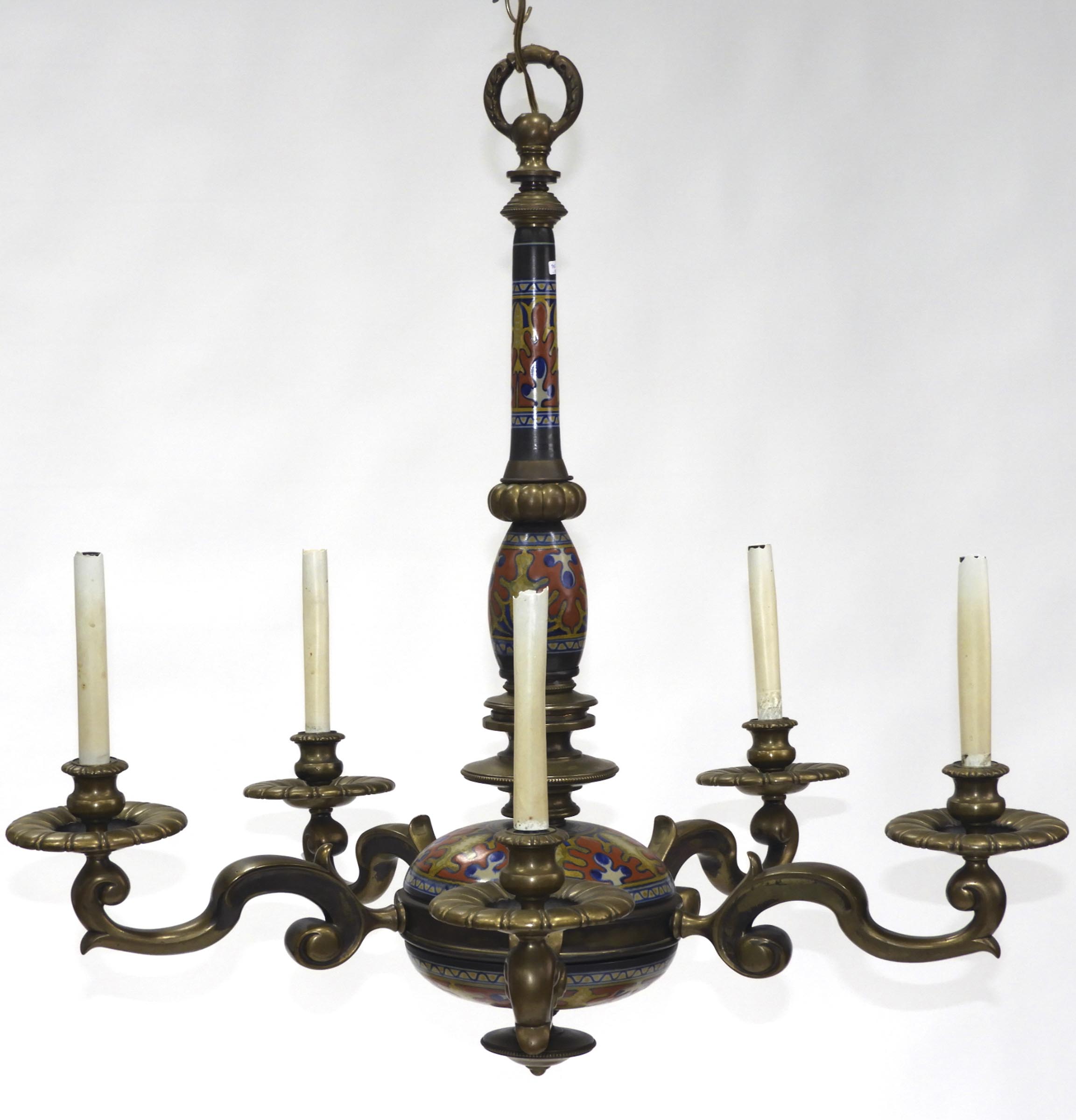 Dutch Gouda Pottery Mounted Bronze Five Light Chandelier, early 20th century