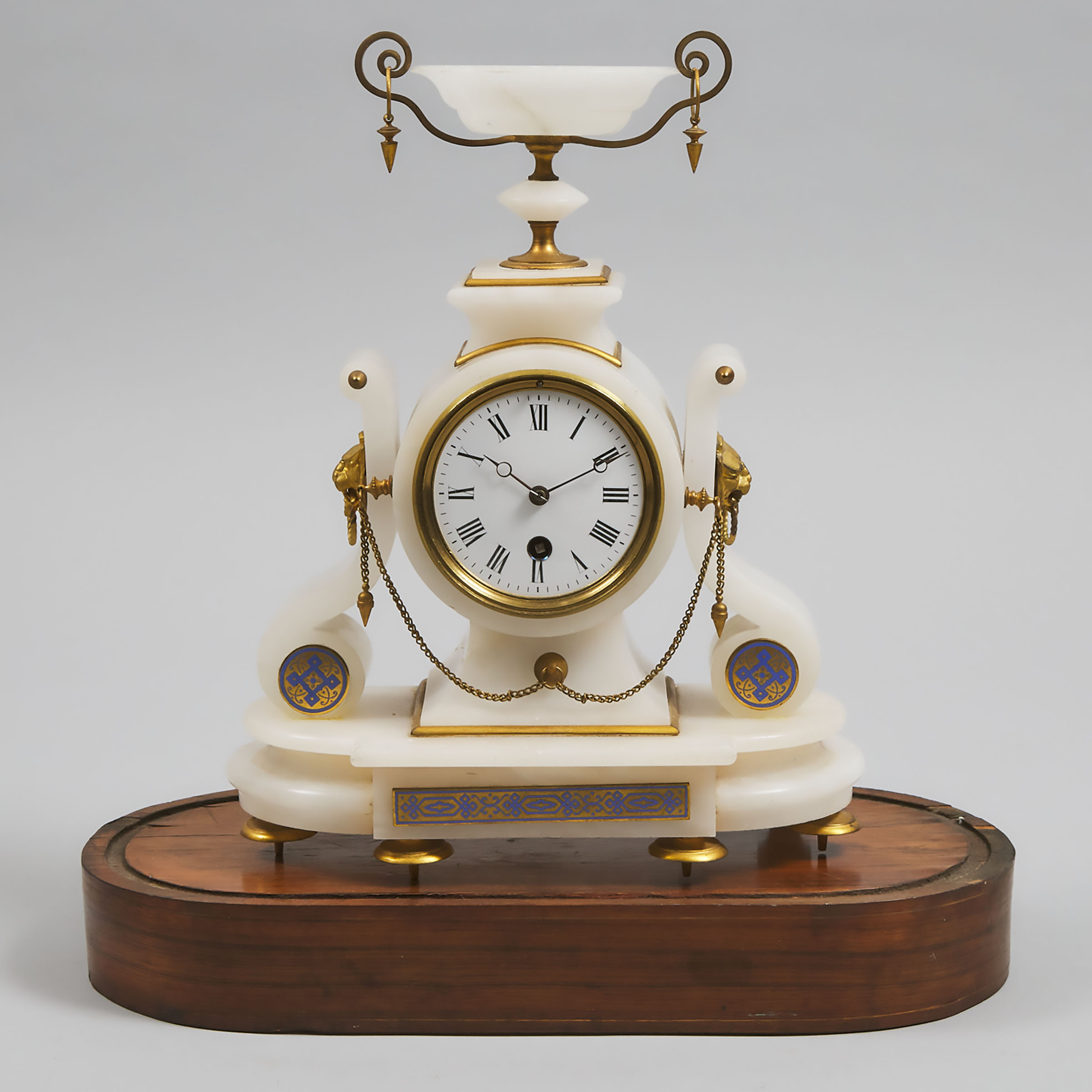 French Enamelled and Gilt Bronze Mounted Alabaster Mantel Clock, c.1870