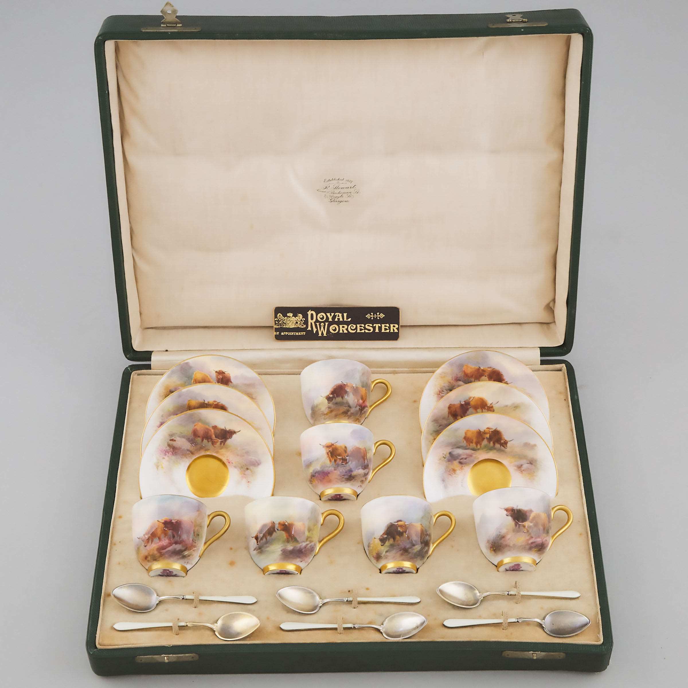 Set of Six Royal Worcester 'Highland Cattle' Coffee Cups and Saucers, Harry Stinton, 1912-13