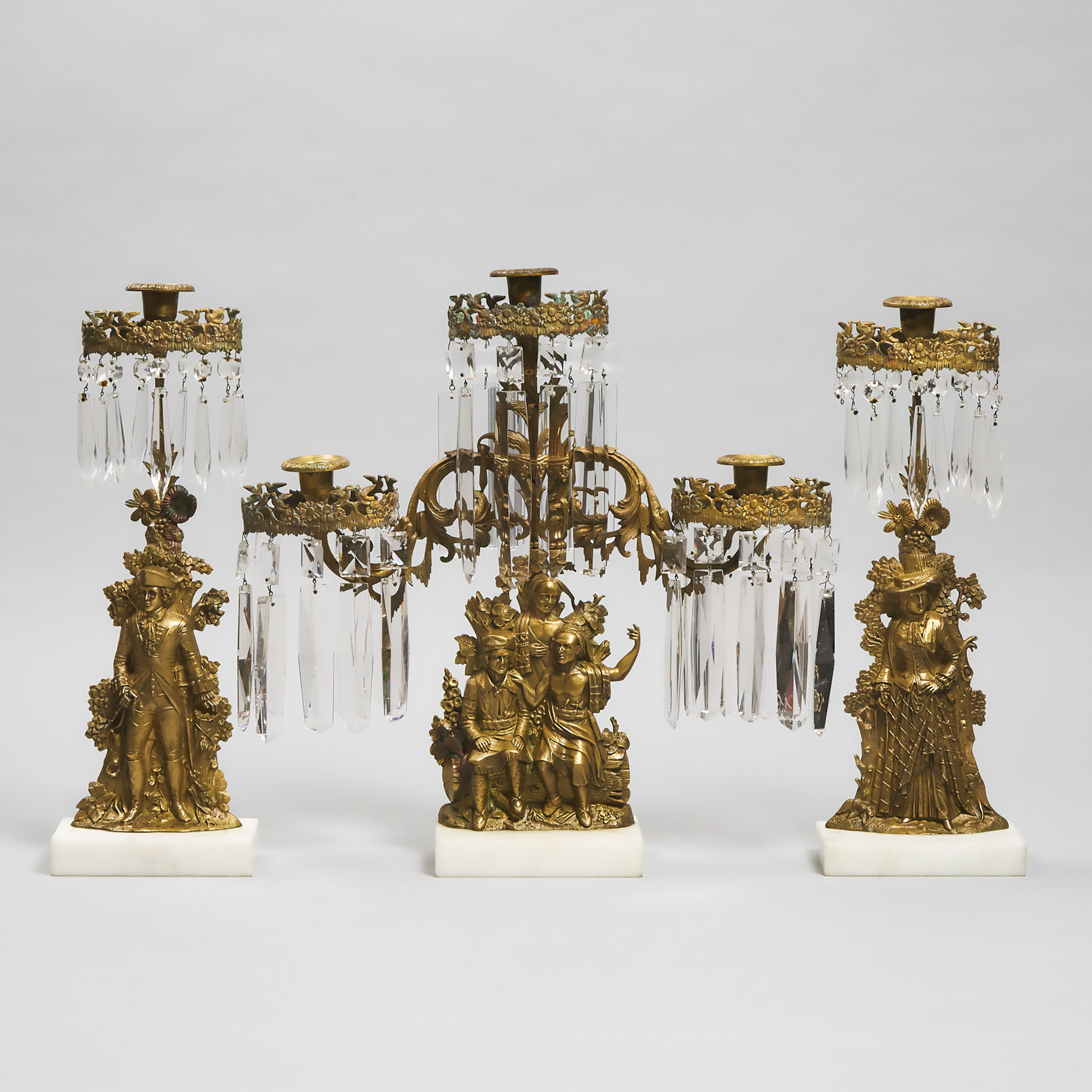 Three Piece American Gilt Brass and Cut Glass Mantle Girandole Garniture, Cornelius & Co., Philadelphia, PA, c.1848/9