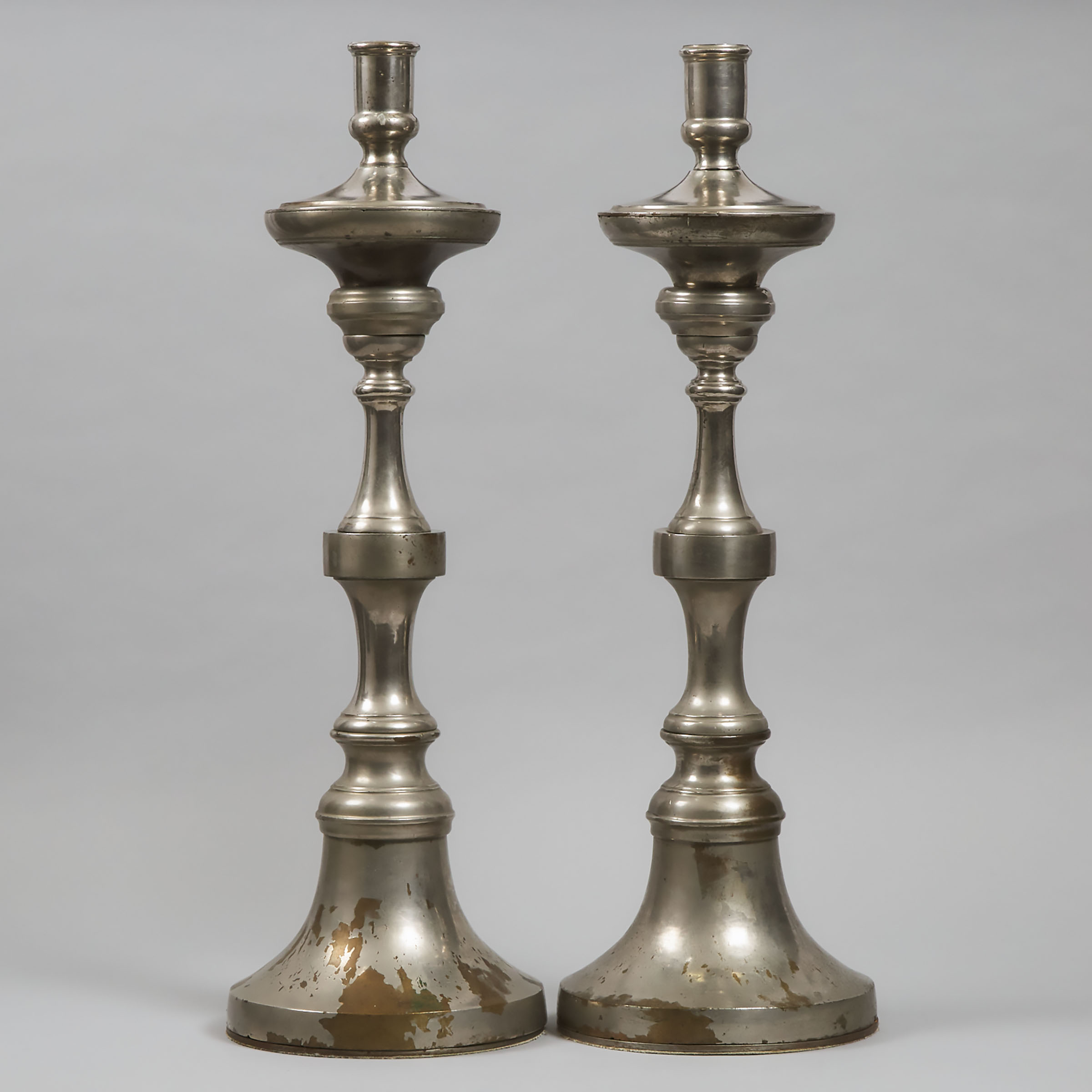 Massive Pair of Nickeled Brass Prickett Form Candlesticks, early 20th century