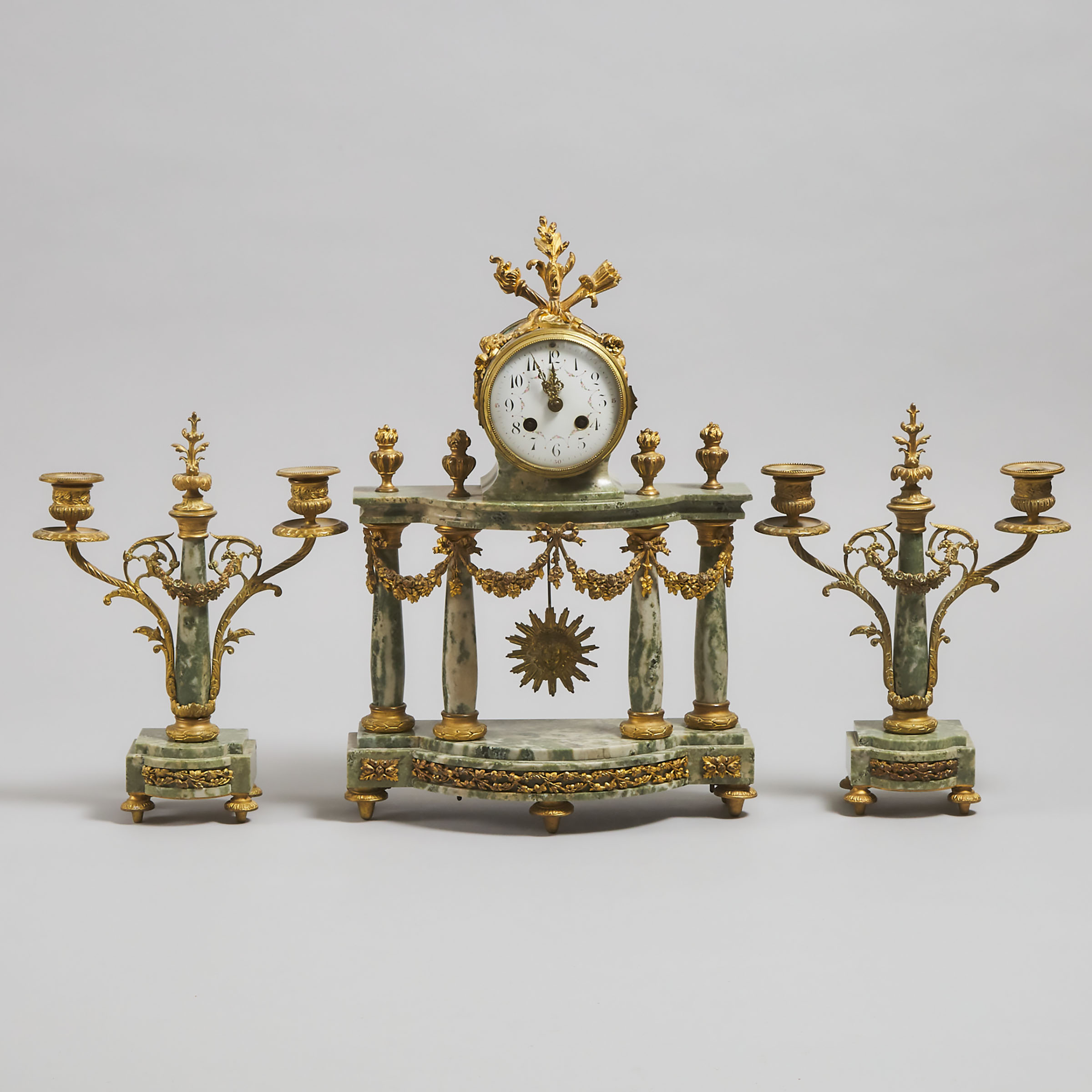 Three Piece French Clock Garniture, late 19th century