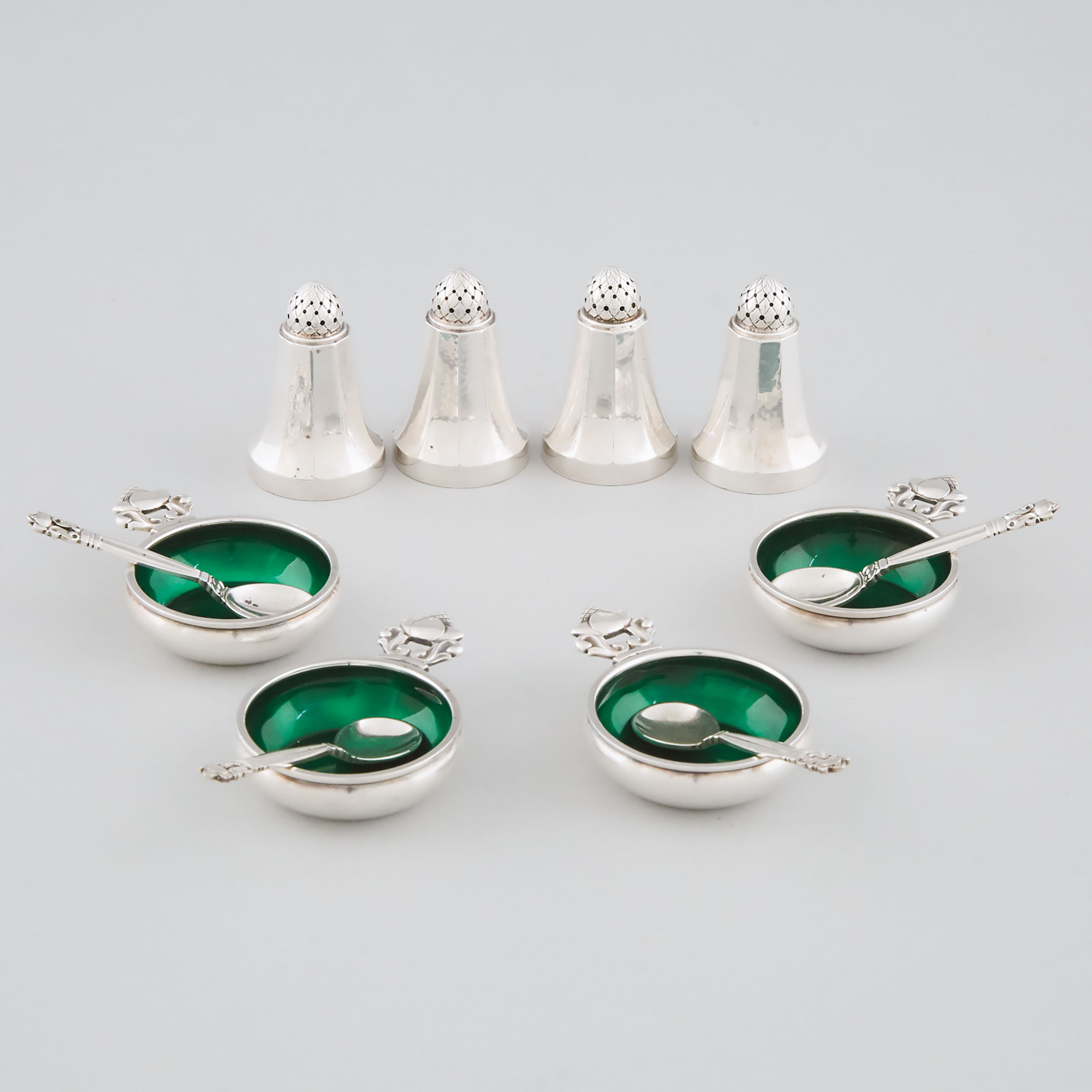 Danish Silver 'Acorn' Pattern Condiment Set, Johan Rohde for Georg Jensen, Copenhagen, 20th century