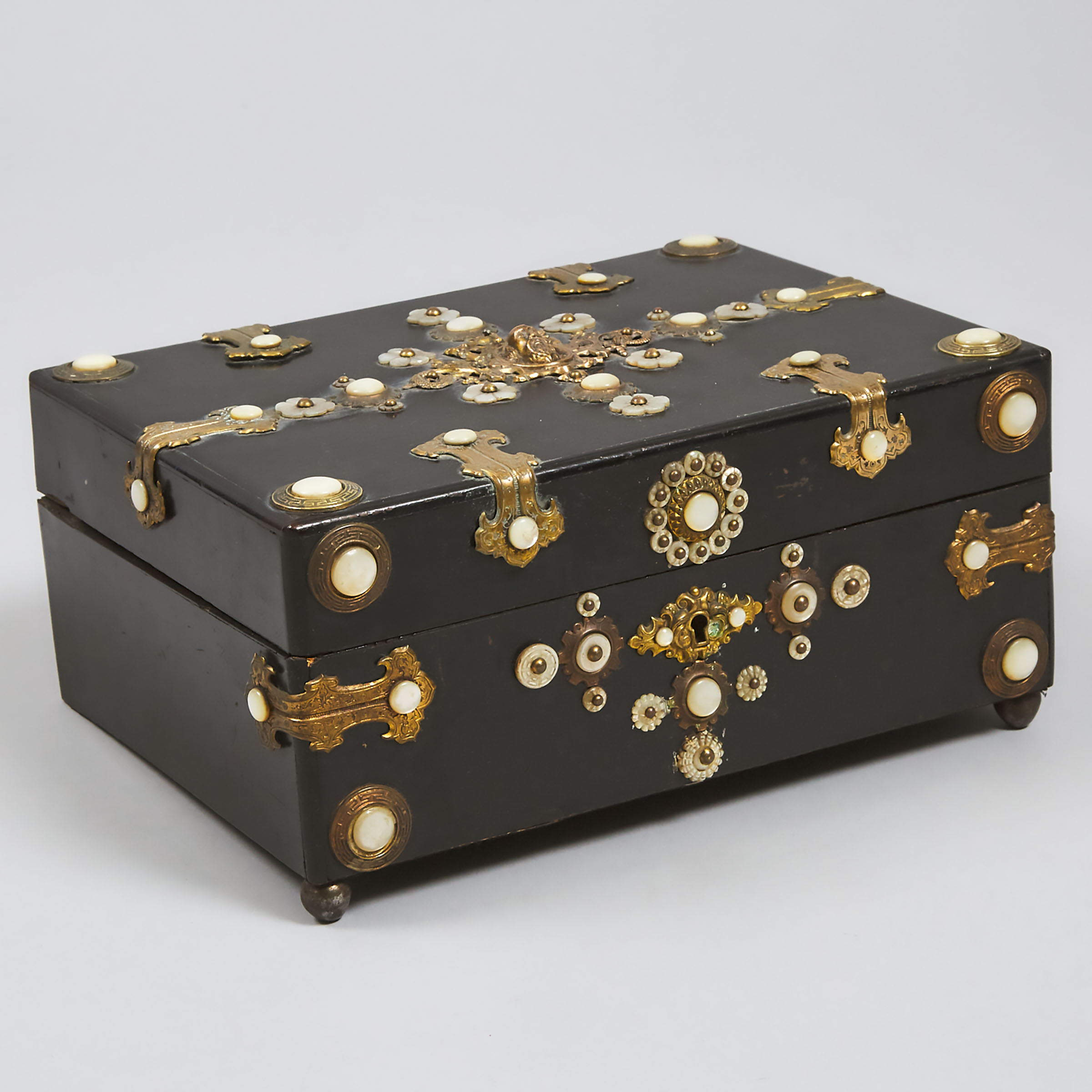 Victorian Renaissance Revival Brass and Mother-of-Pearl Mounted Black Lacquer Casket, mid 19th century