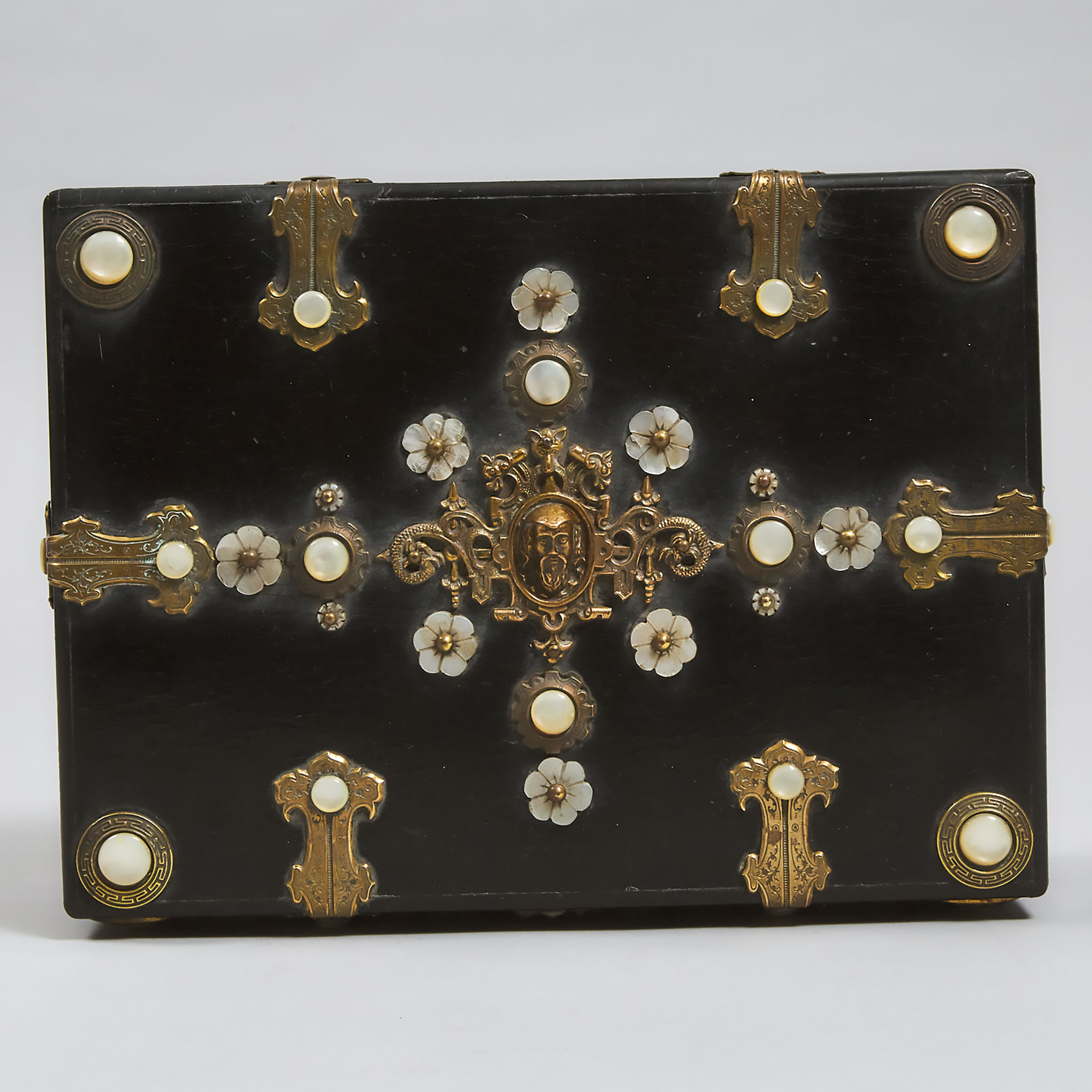 Victorian Renaissance Revival Brass and Mother-of-Pearl Mounted Black Lacquer Casket, mid 19th century