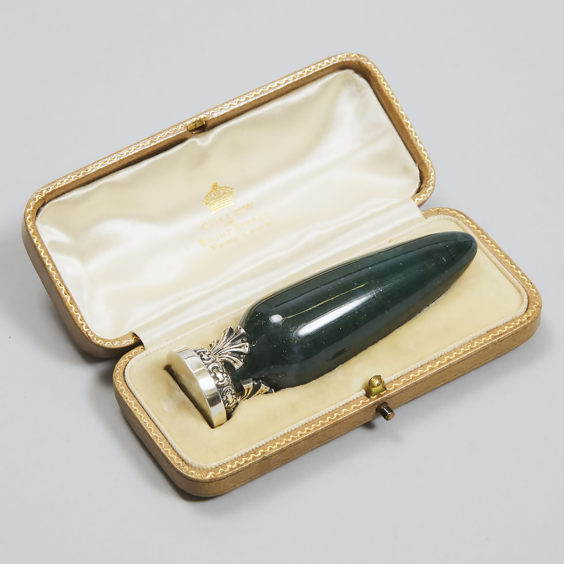 English Silver Mounted Spinach Jade Desk Seal, Callow of Mount Street, Park Lane, London, early 20th century
