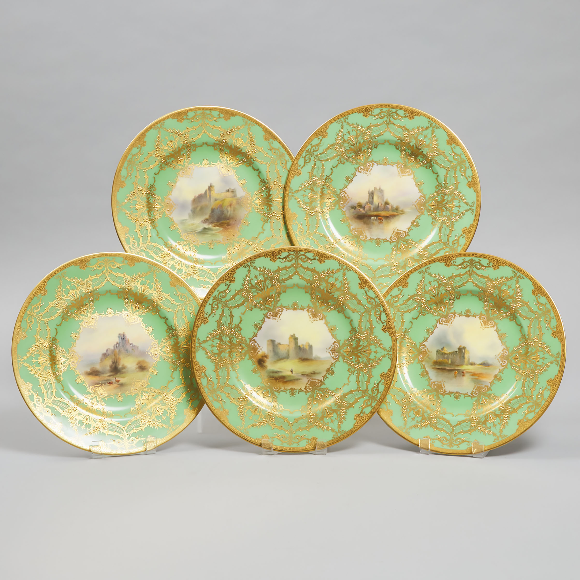 Five Royal Worcester Apple Green Ground Topographical Plates, John Stinton, 1930