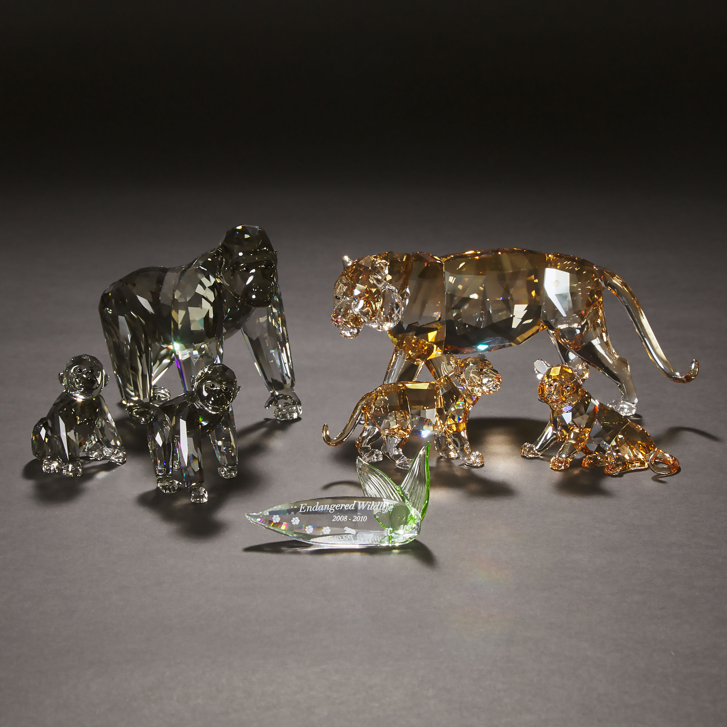 Swarovski Crystal 'Endangered Wildlife' Tiger with Two Cubs, and Gorilla with Two Infants, 2009/2010