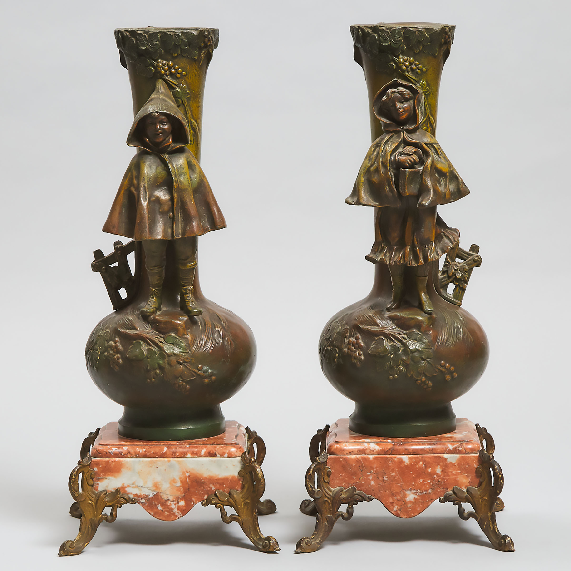 Pair of French Patinated Metal Mantle Vase Garniture, 19th century