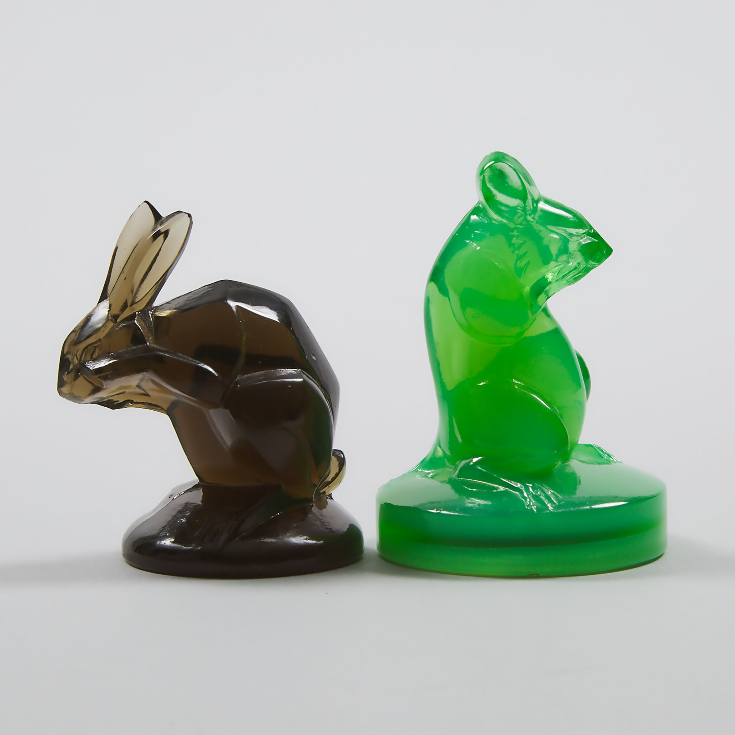 'Lapin' and 'Souris', Lalique Moulded Amber and Green Glass Cachets, c.1930